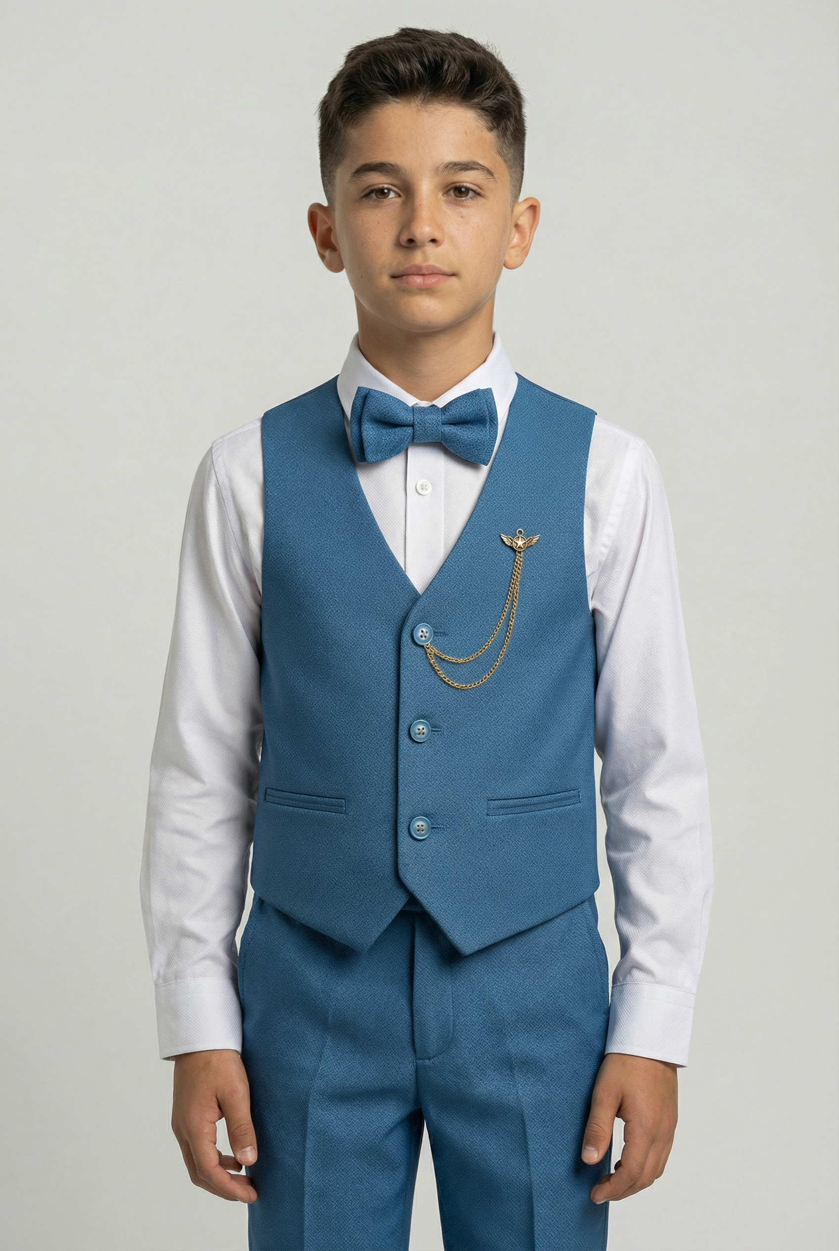 Boys' Slim Fit Textured Waistcoat Suit Set, Formal Outfit - Blue