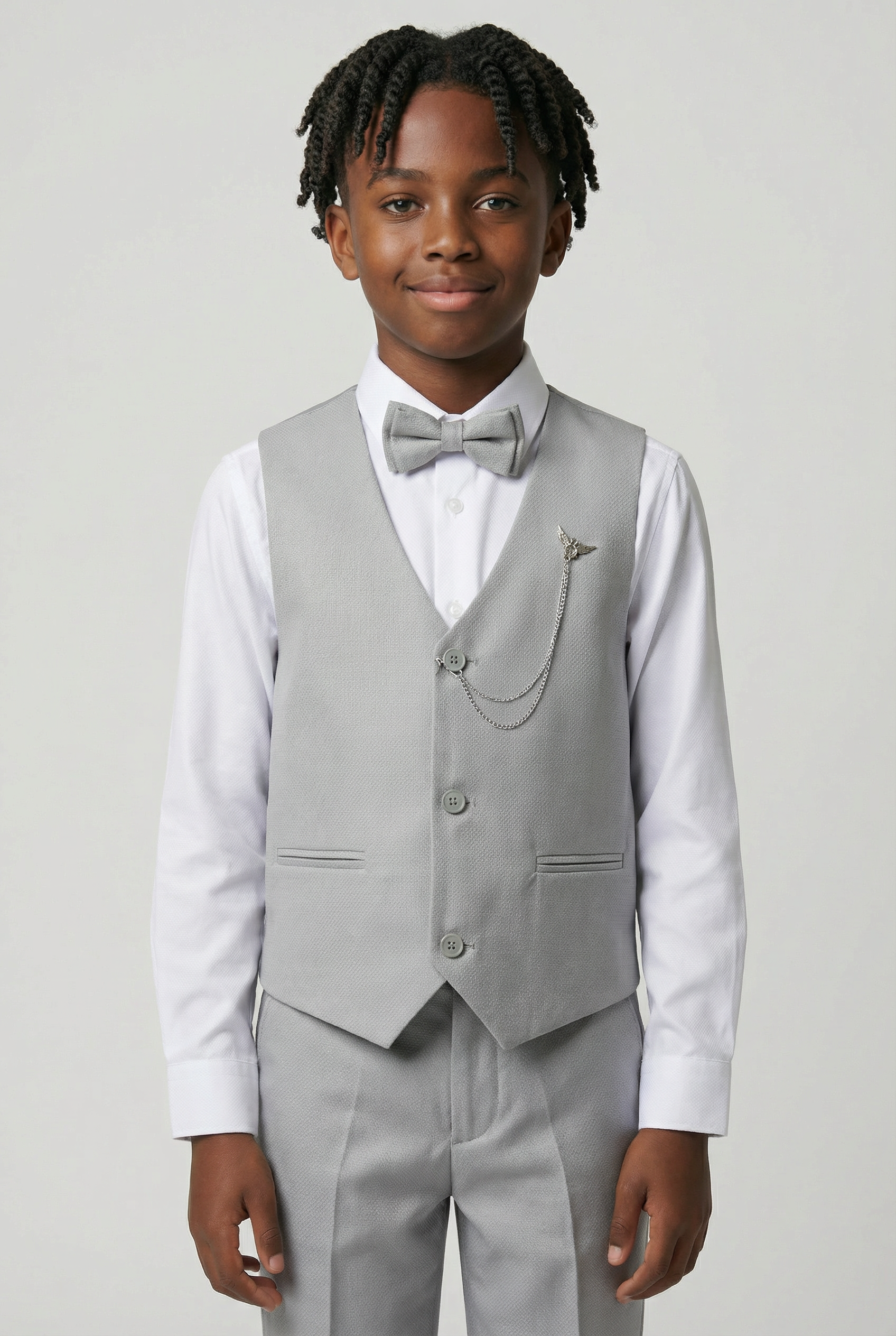Boys' Slim Fit Textured Waistcoat Suit Set, Formal Outfit - Light Grey