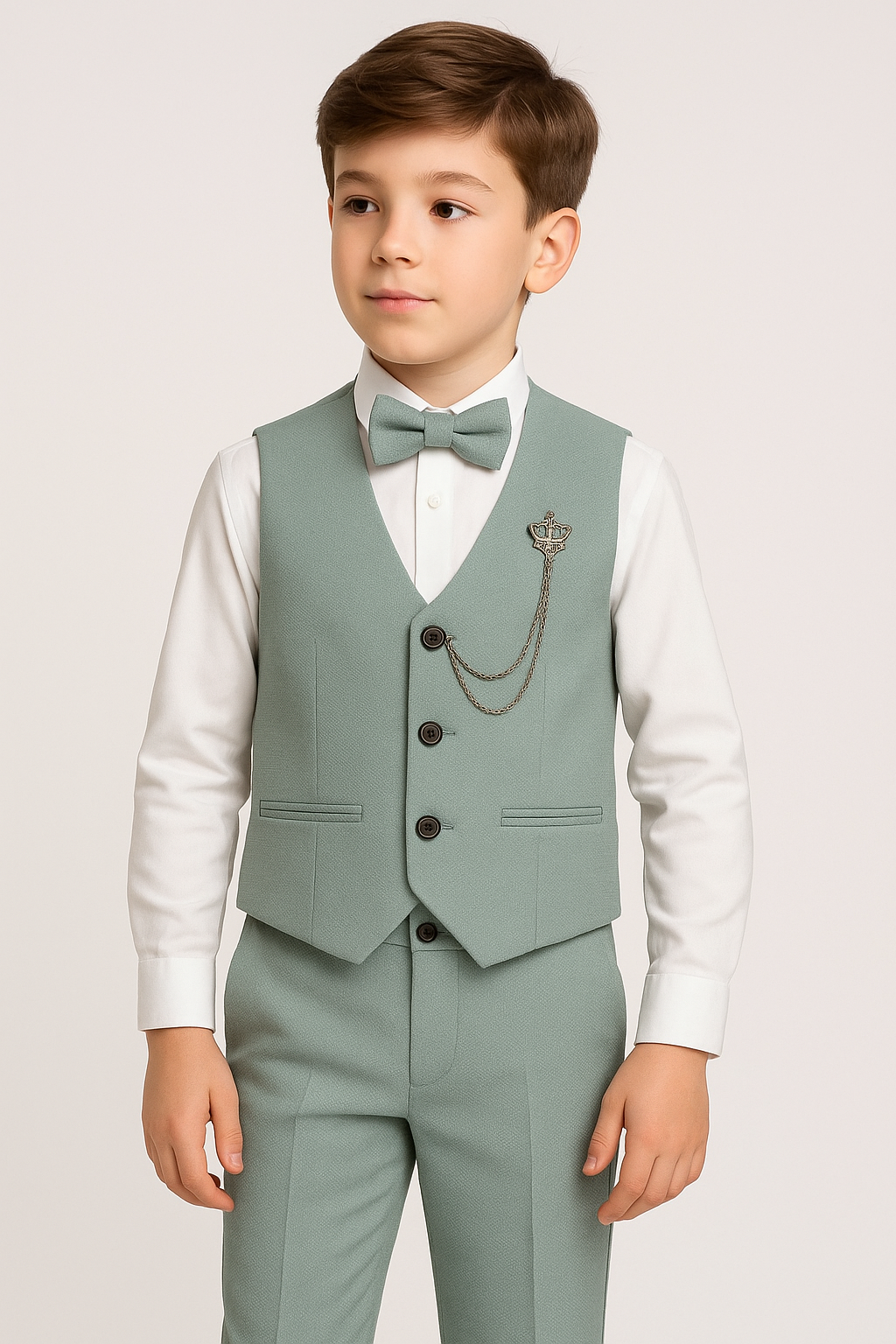 Boys' Slim Fit Textured Waistcoat Suit Set, Formal Outfit - Sage Green