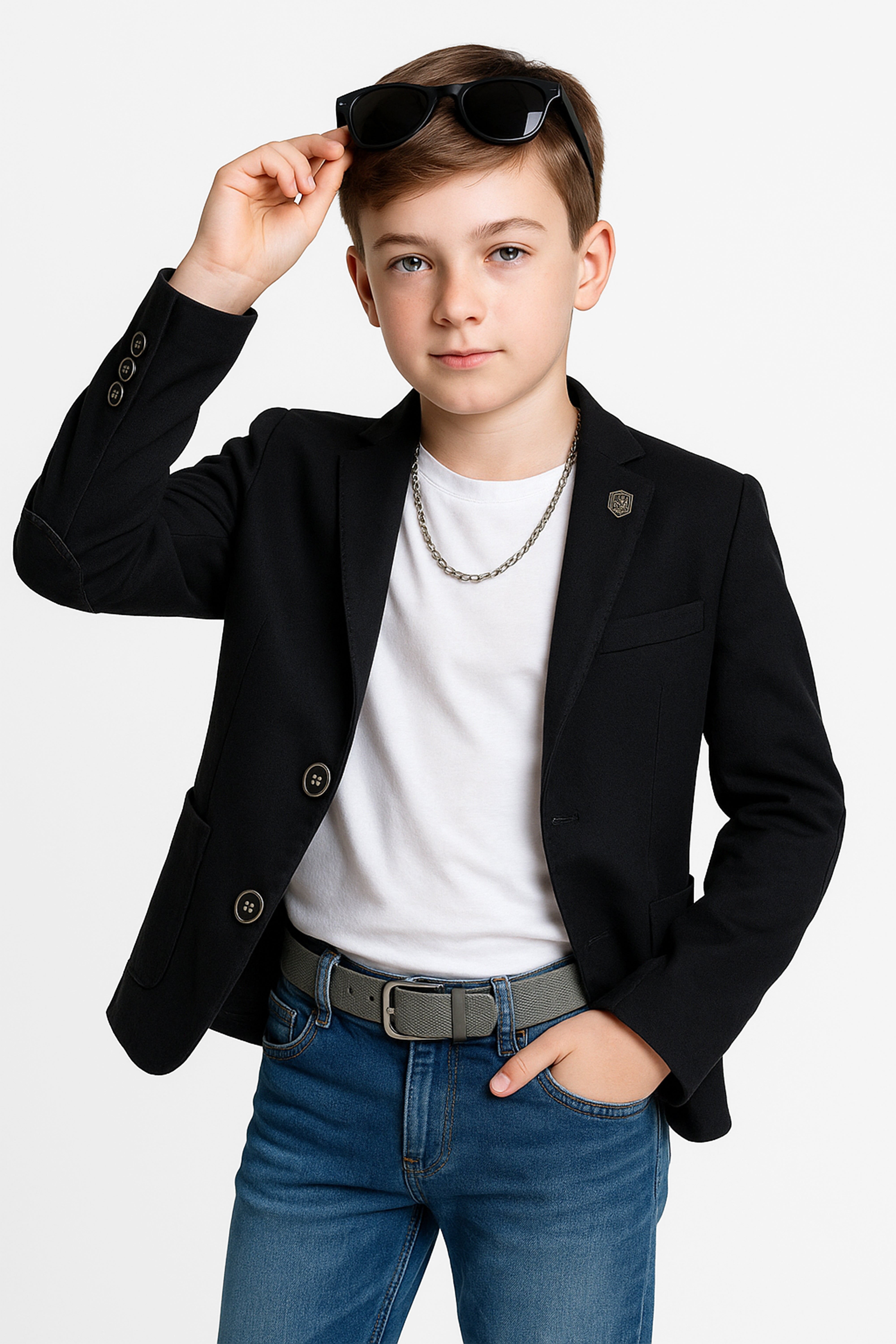 Boys Slim Fit Cotton Blazer - Black Model Picture