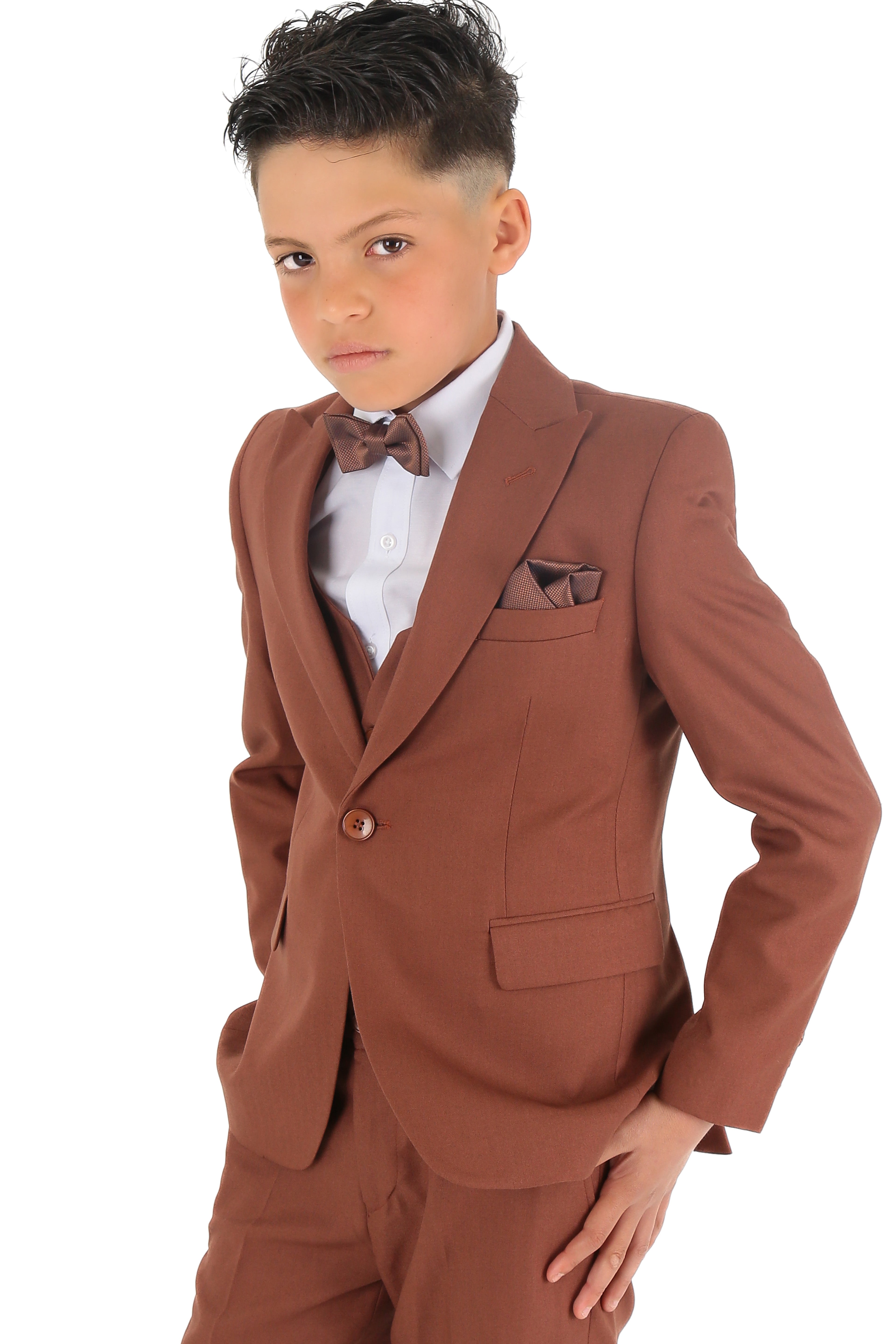 Boys Slim Fit Herringbone 8 Piece Suit Set - KING Cinnamon Brown
