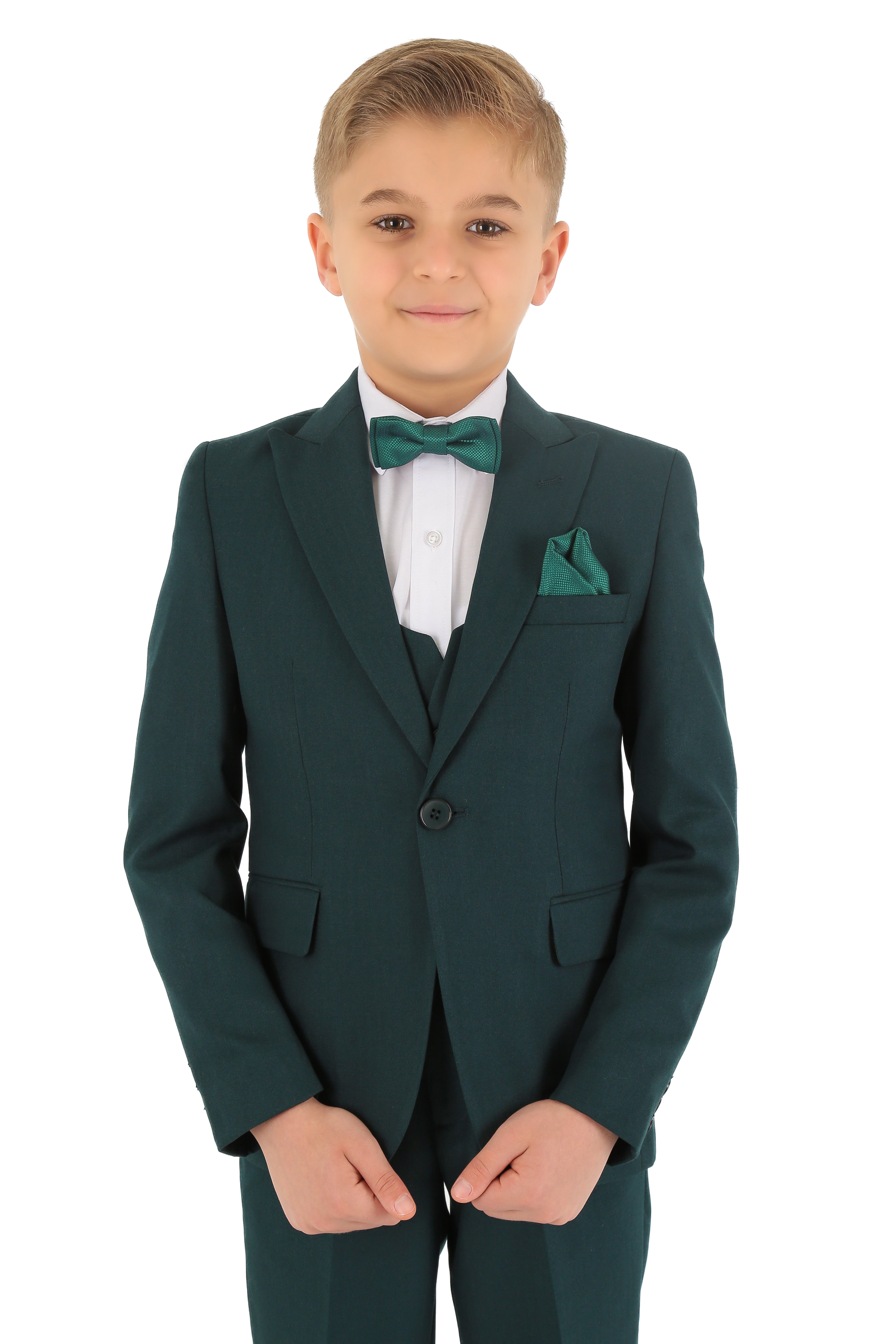 Boys Slim Fit Herringbone 8 Piece Suit Set - KING Emerald Green