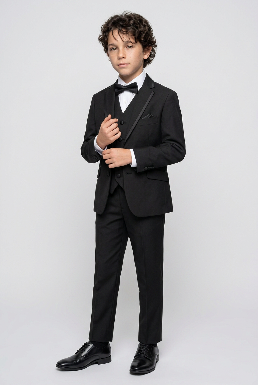 Boys Slim Fit Piping Tuxedo Dinner Suit - Black