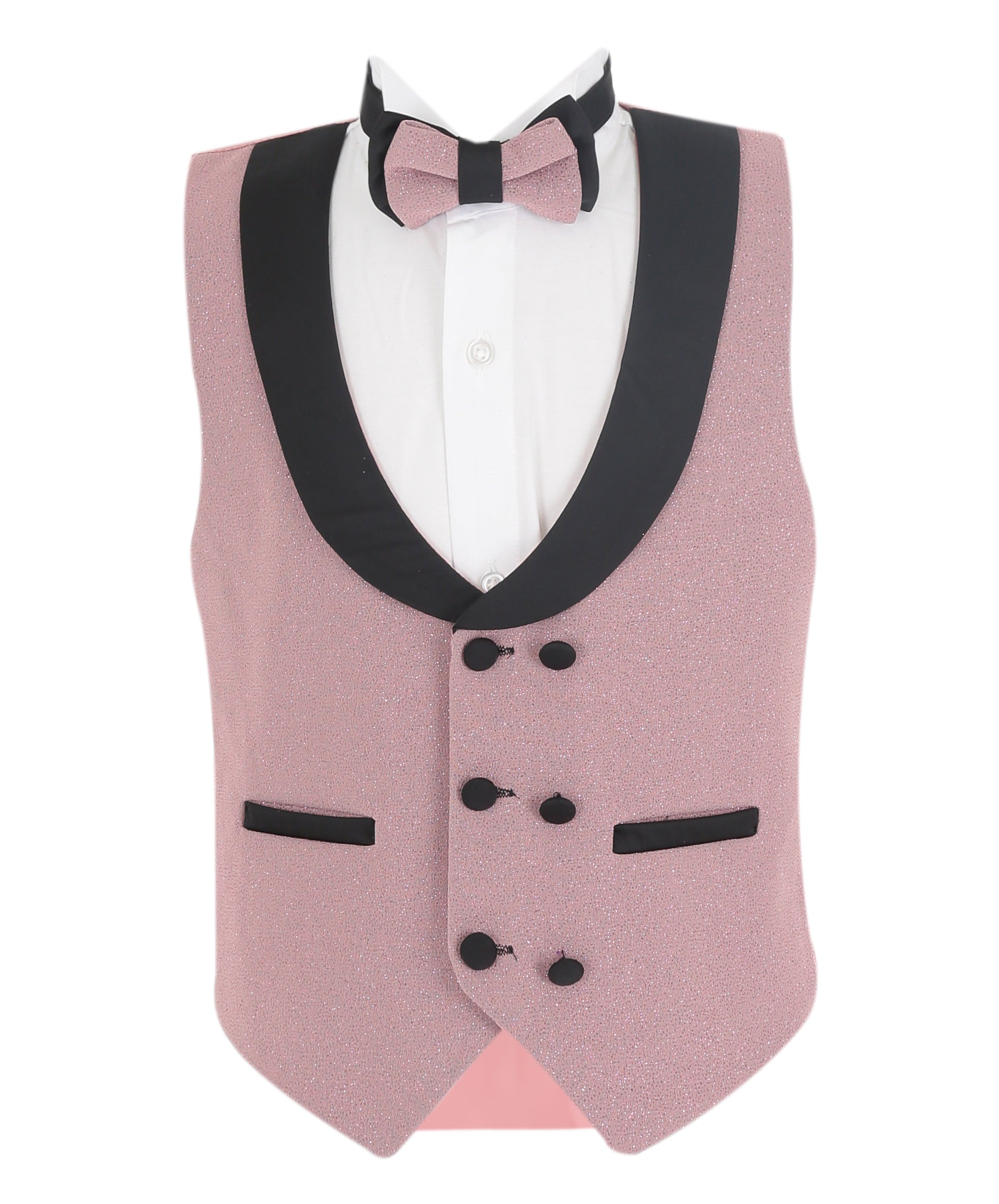 Boys Slim Fit Shimmer Tuxedo Suit - Blush Pink Waistcoat Front Picture with Acessories