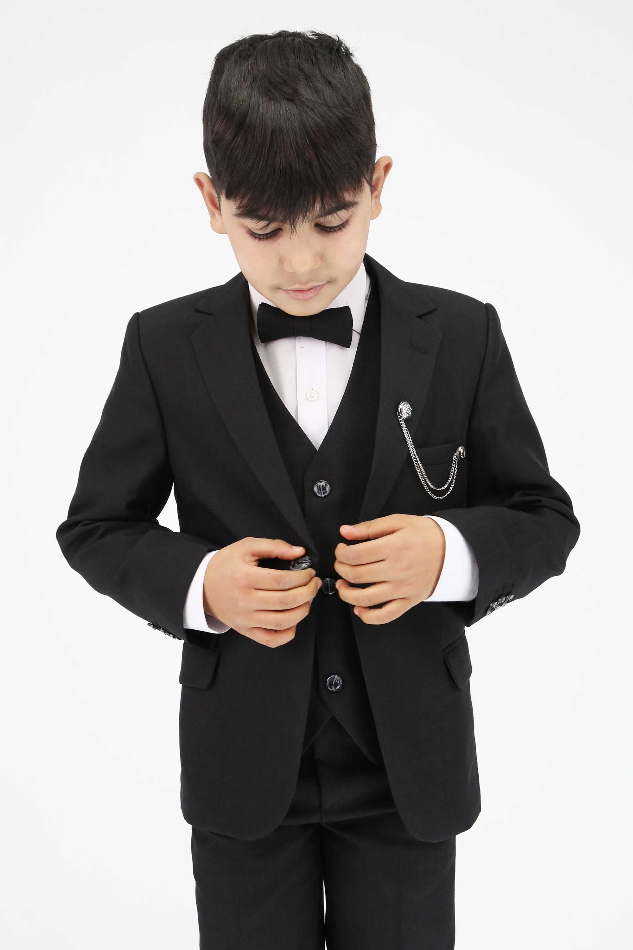 Boys Slim Fit Textured 8-Piece Formal Suit Set - Black with Bowtie