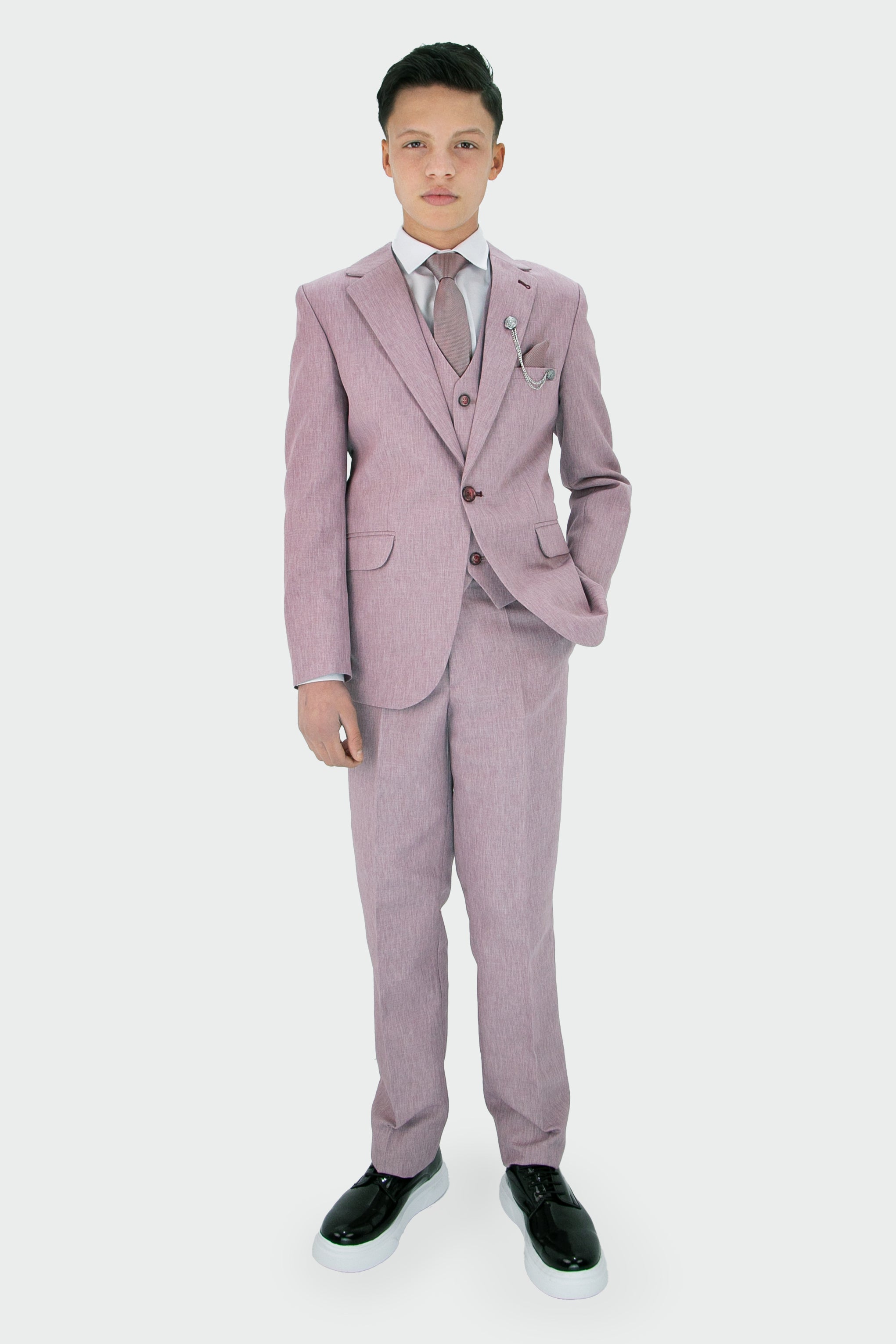 Boys Slim Fit Textured 8-Piece Formal Suit Set - Lilac Model Front Picture