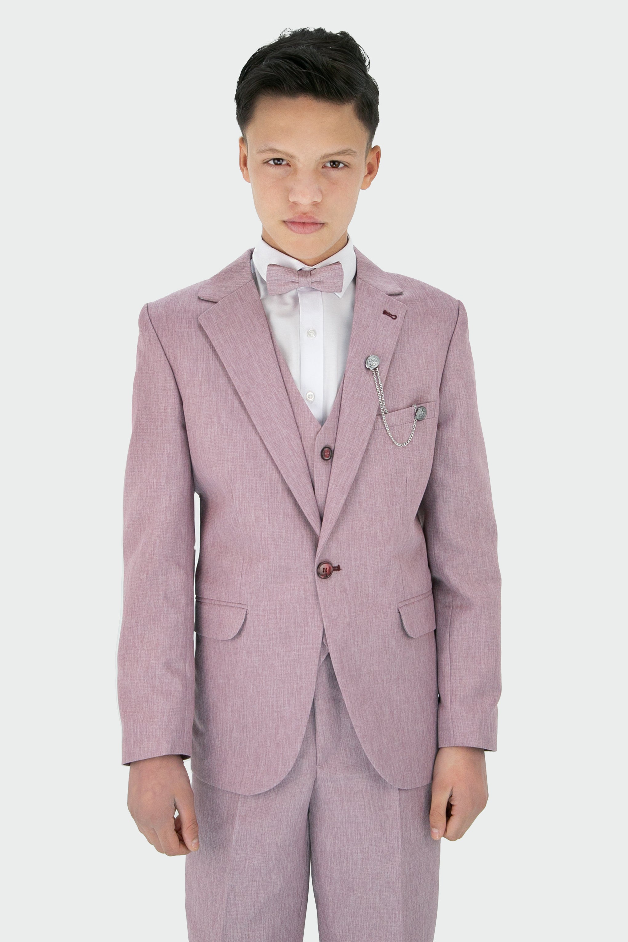 Boys Slim Fit Textured 8-Piece Formal Suit Set - Lilac Model Picture with Bowtie
