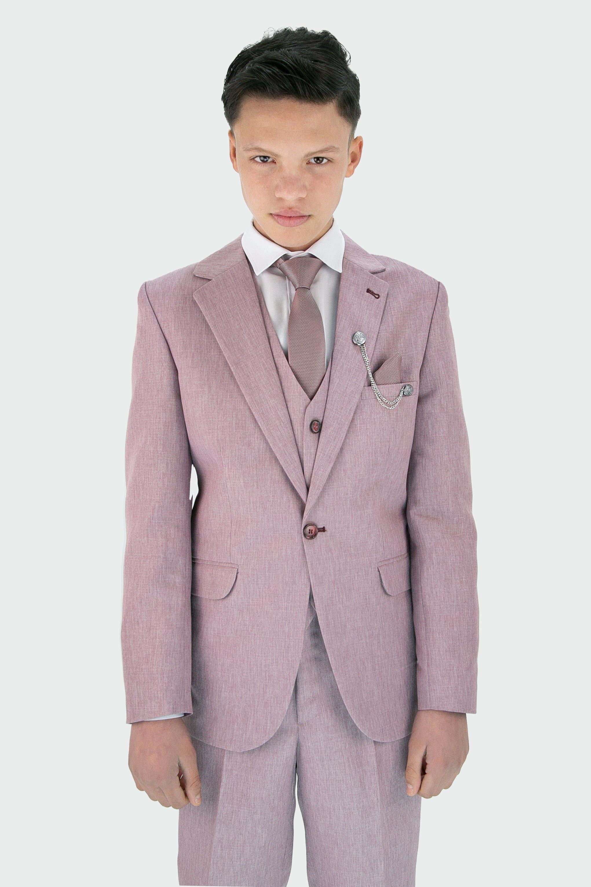 Boys Slim Fit Textured 8-Piece Formal Suit Set - Lilac Model Picture with Tie