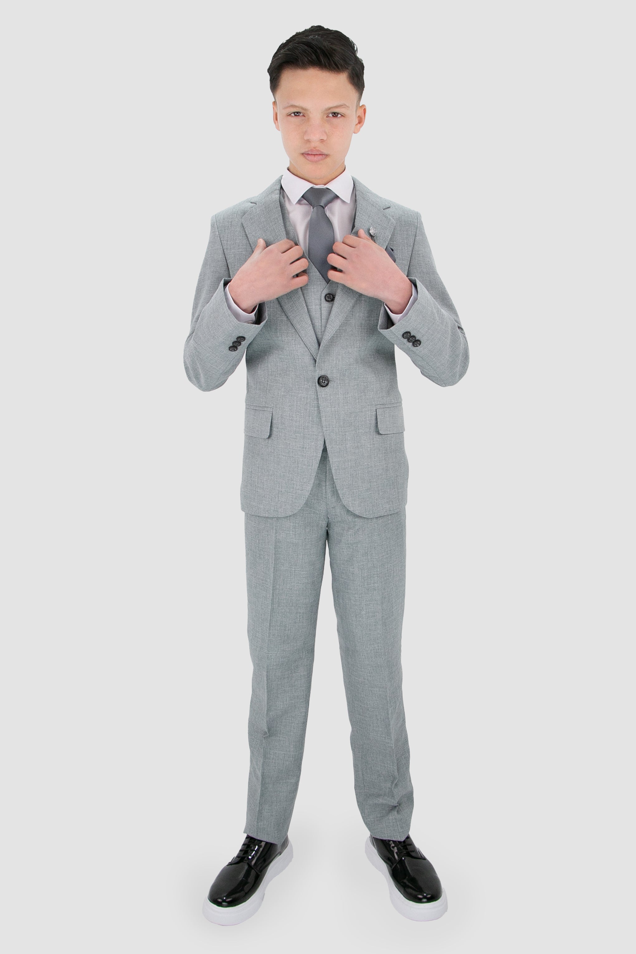 Boys Slim Fit Textured 8-Piece Formal Suit Set - Slate Grey Model Front Picture