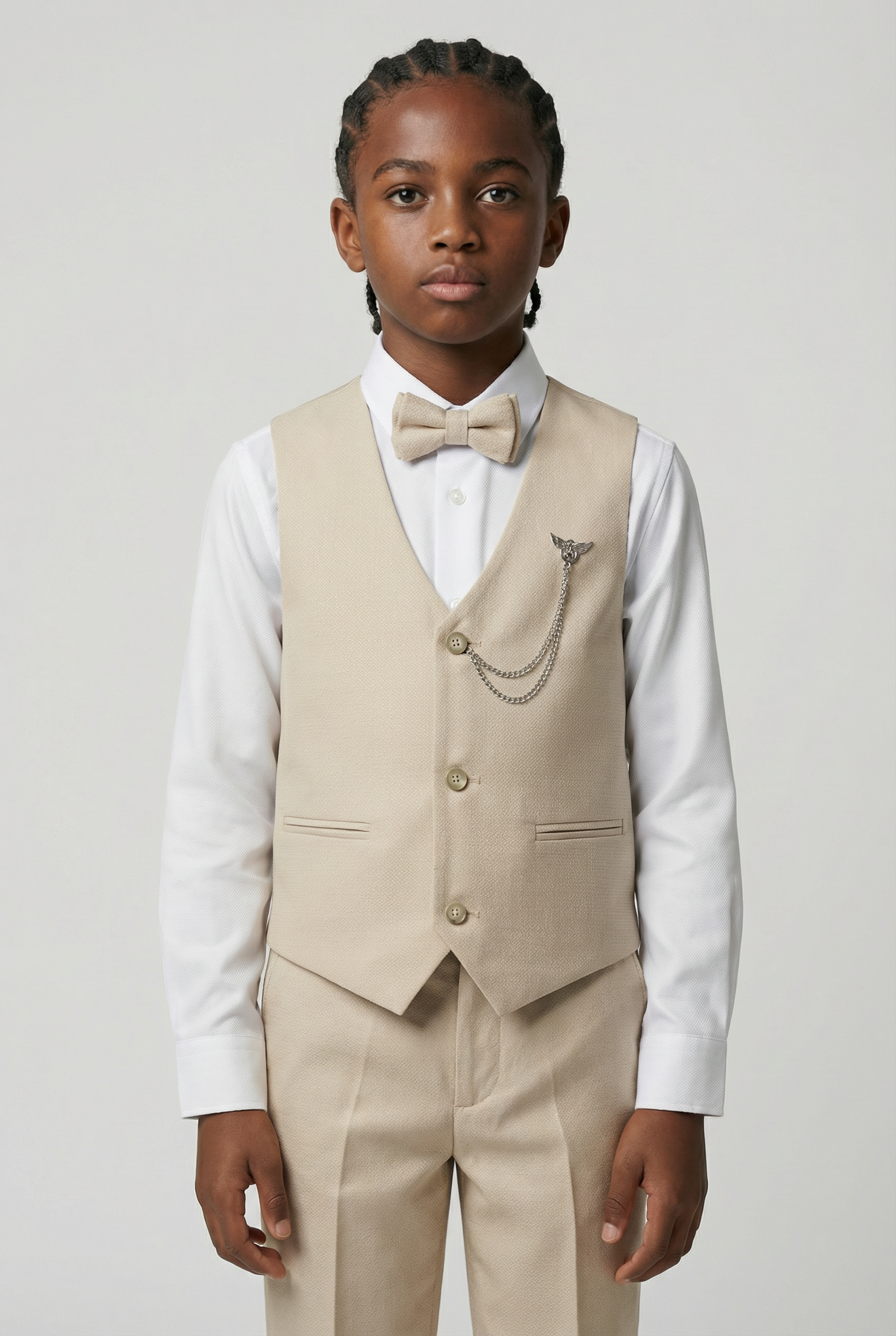 Boys' Slim Fit Textured Waistcoat Suit Set, Formal Outfit - Beige