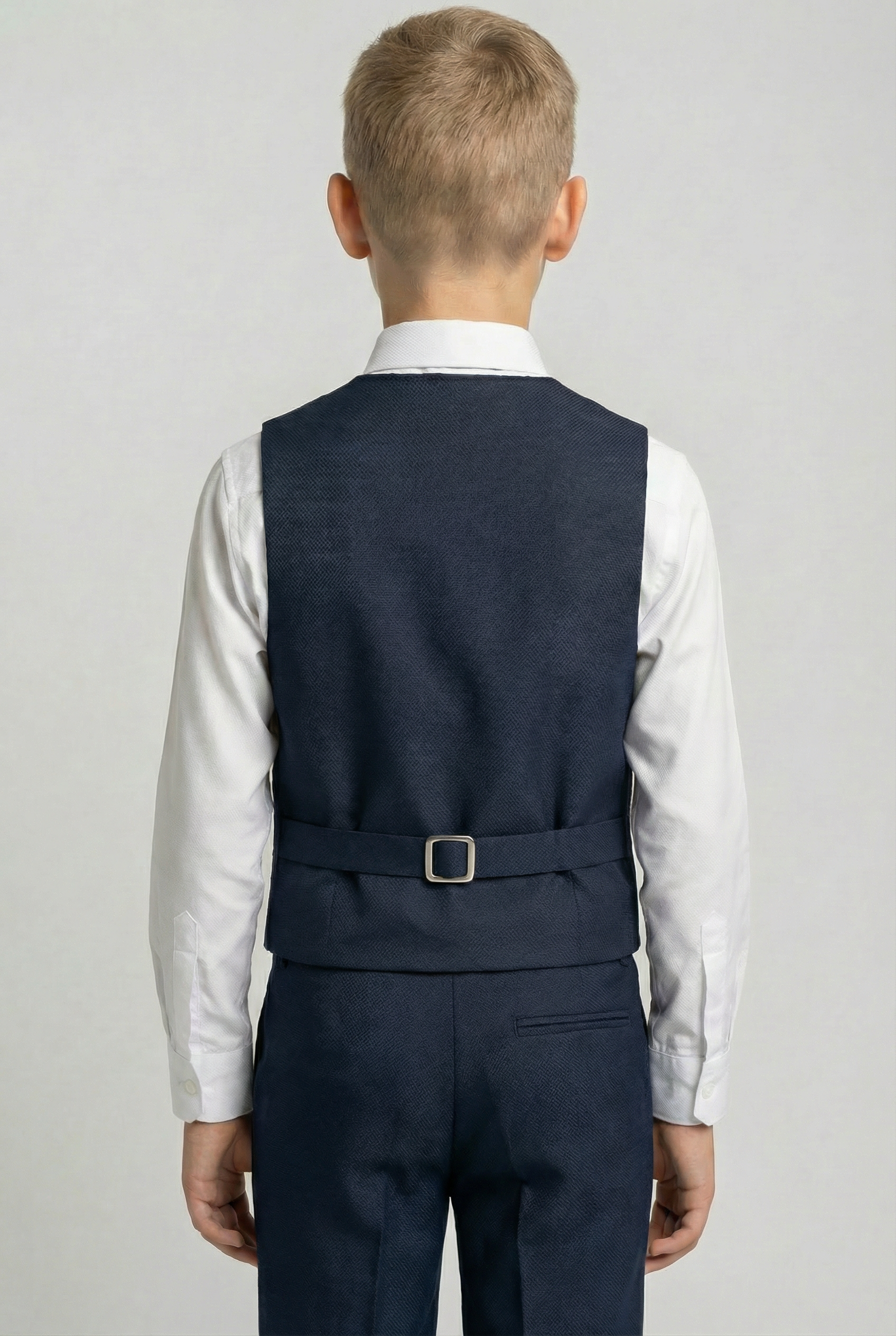 Boys' Slim Fit Textured Waistcoat Suit Set, Formal Outfit - Navy Blue Back Picture