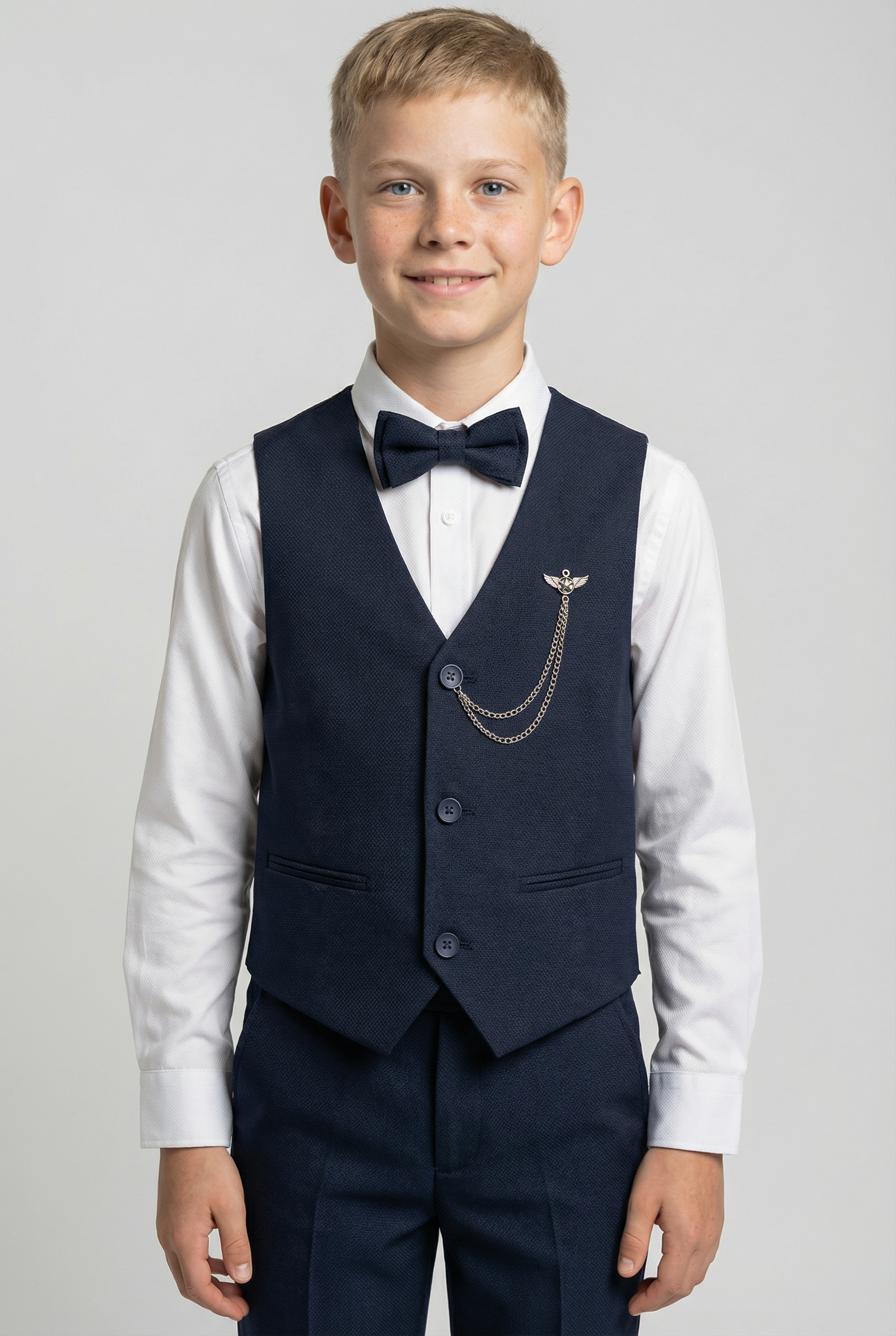Boys' Slim Fit Textured Waistcoat Suit Set, Formal Outfit - Navy Blue Model Picture