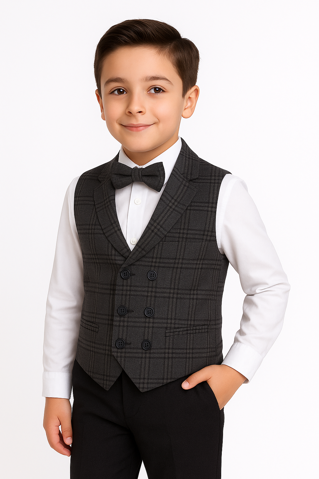 Boys Tailored Fit Herringbone Tweed Check Waistcoat Set - Grey