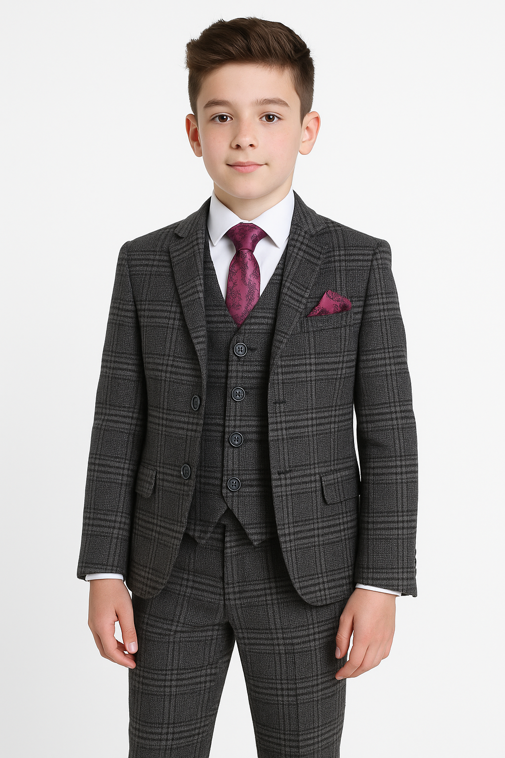Boys Tailored Fit Tweed Check Suit - HURRICANE - Charcoal Grey Model Picture