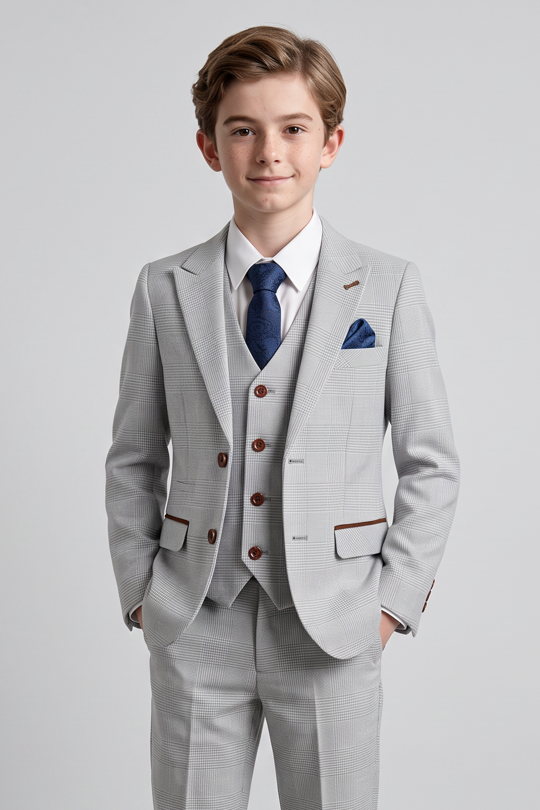 Abito da ragazzo su misura in tweed a quadri - MARK - Beige pietra