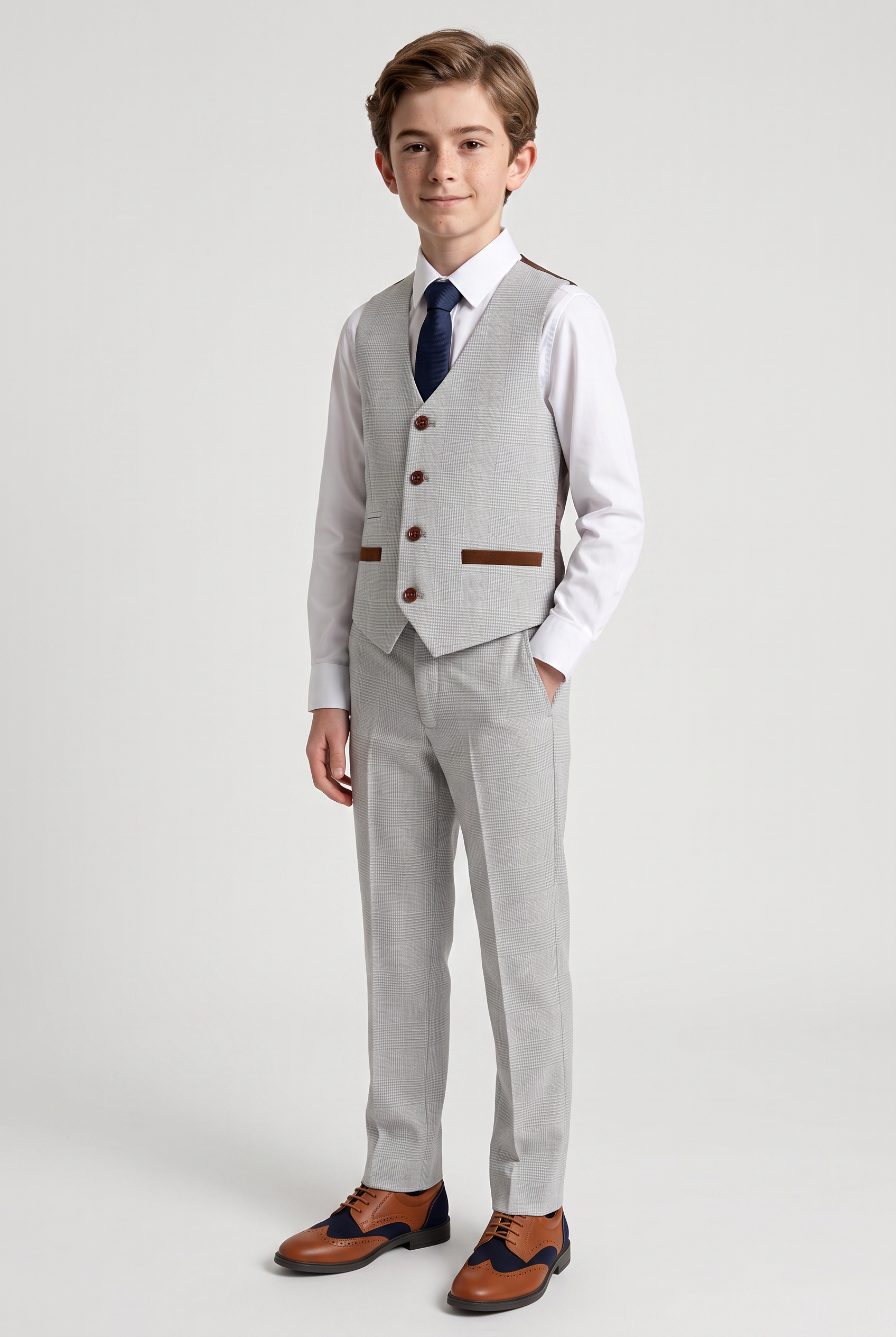 Abito da ragazzo su misura in tweed a quadri - MARK - Beige pietra