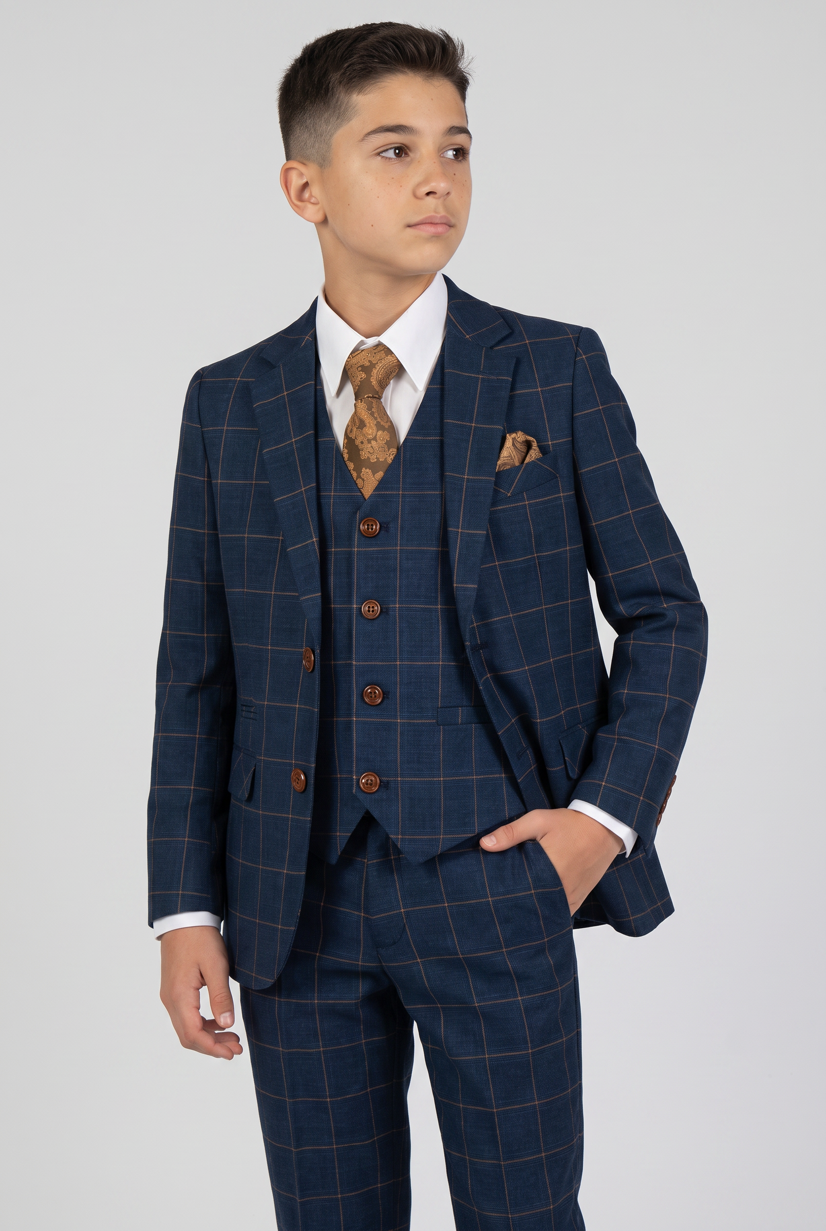 Abito su misura a quadri a finestra per ragazzi - Blu Fiordaliso