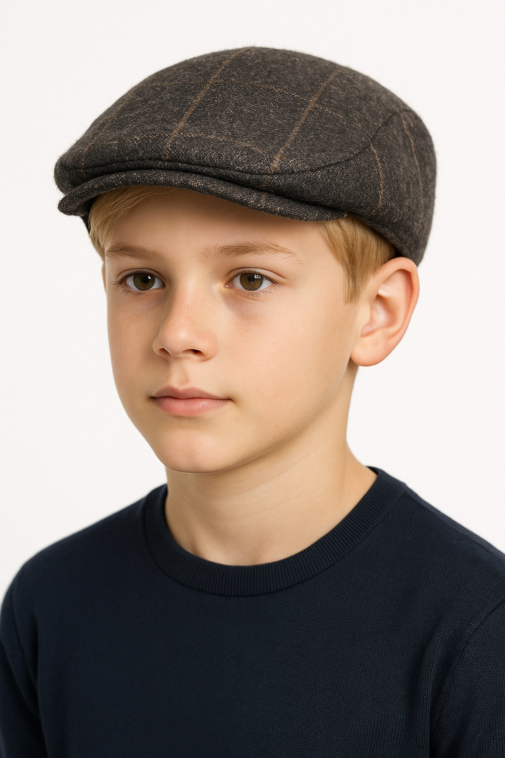 Boys’ Tweed Windowpane Check Baker Boy Flat Cap - Beecan - Dark Grey Model Picture