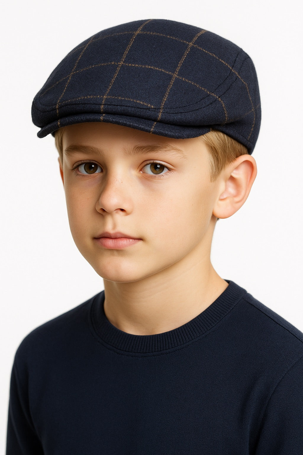 Boys’ Tweed Windowpane Check Baker Boy Flat Cap - Shelby - Navy Blue Model Picture