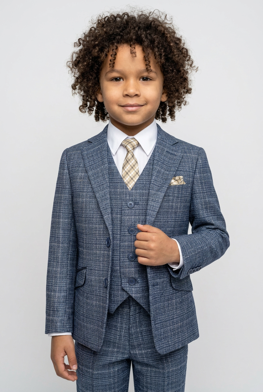 Ensemble costume garçon en tweed à carreaux bleu ciel - Bleu ciel