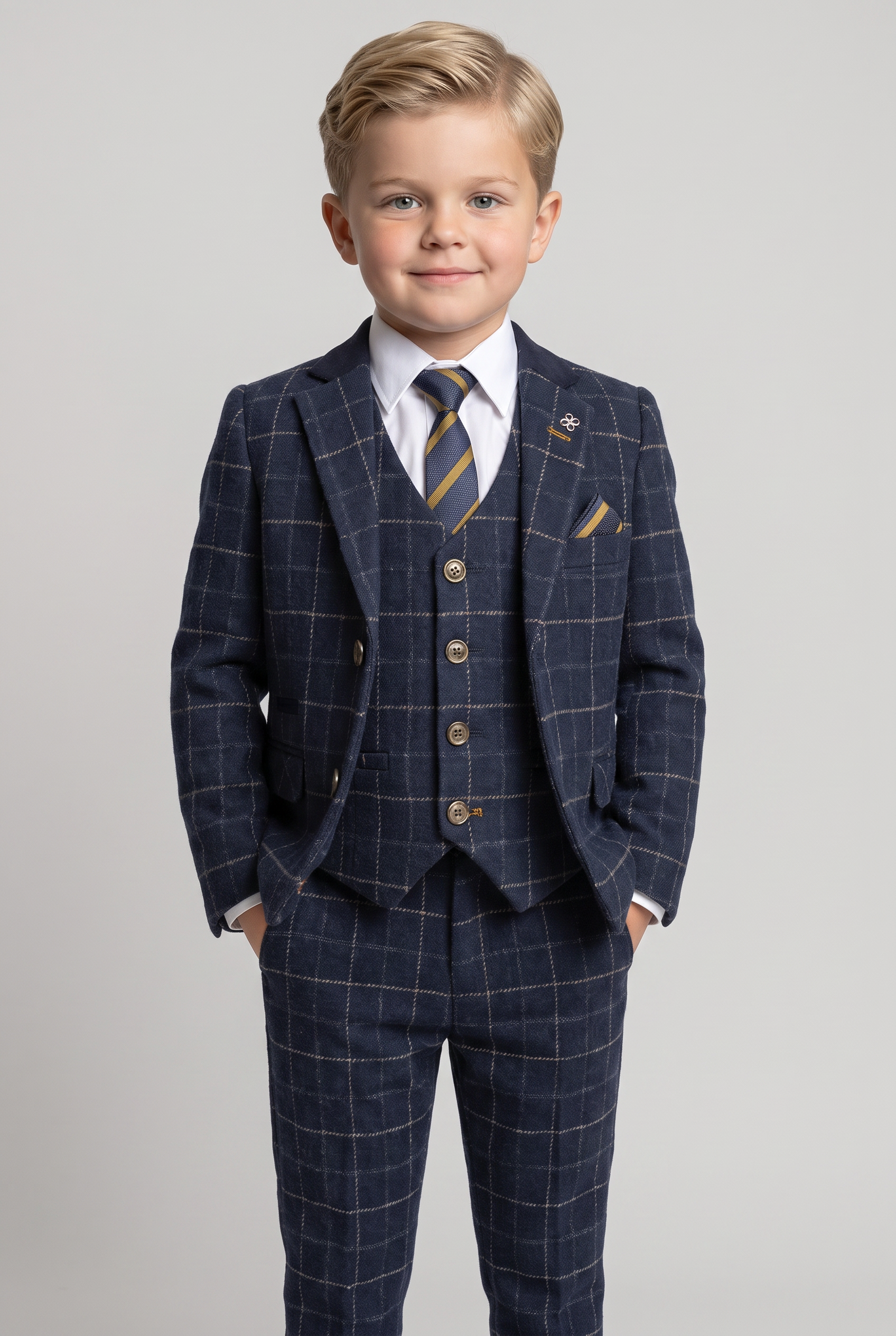 Boys Tweed Windowpane Check Slim Fit Suit - SHELBY - Navy Blue