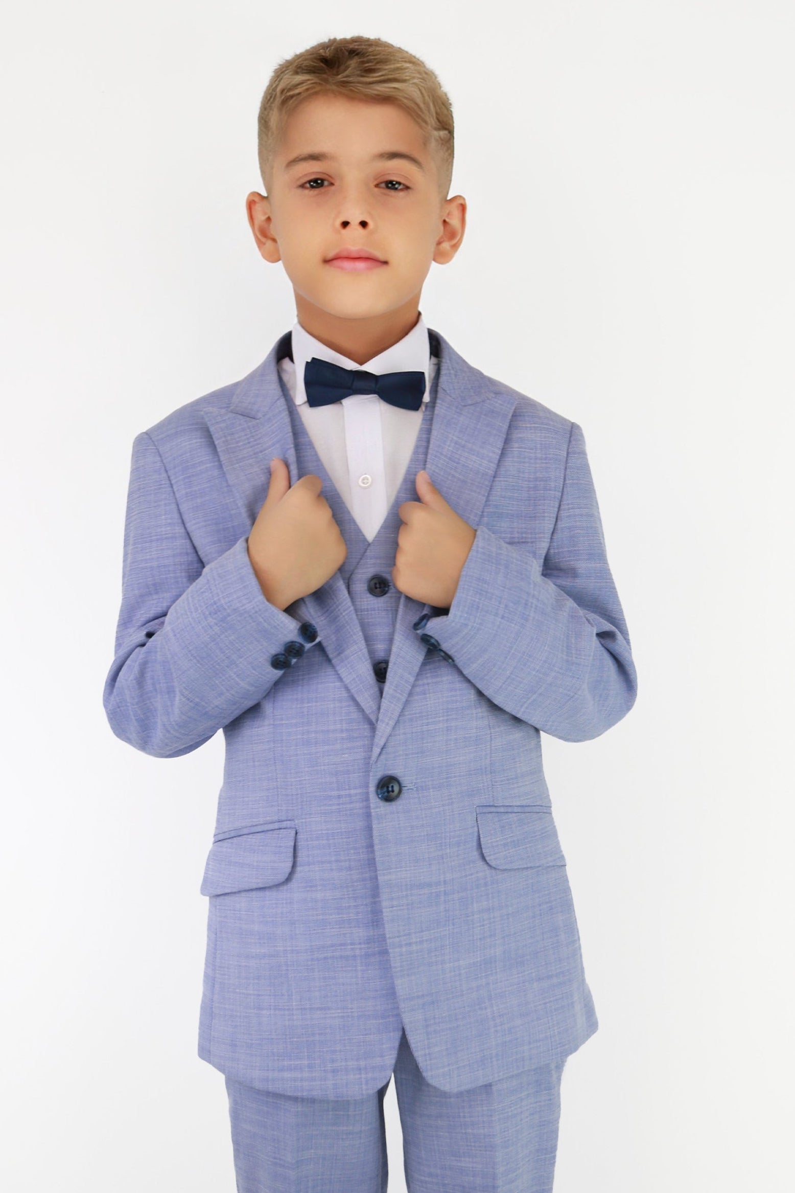 Boys Twill Blue Self-Pattern Suit - Blue Model Picture