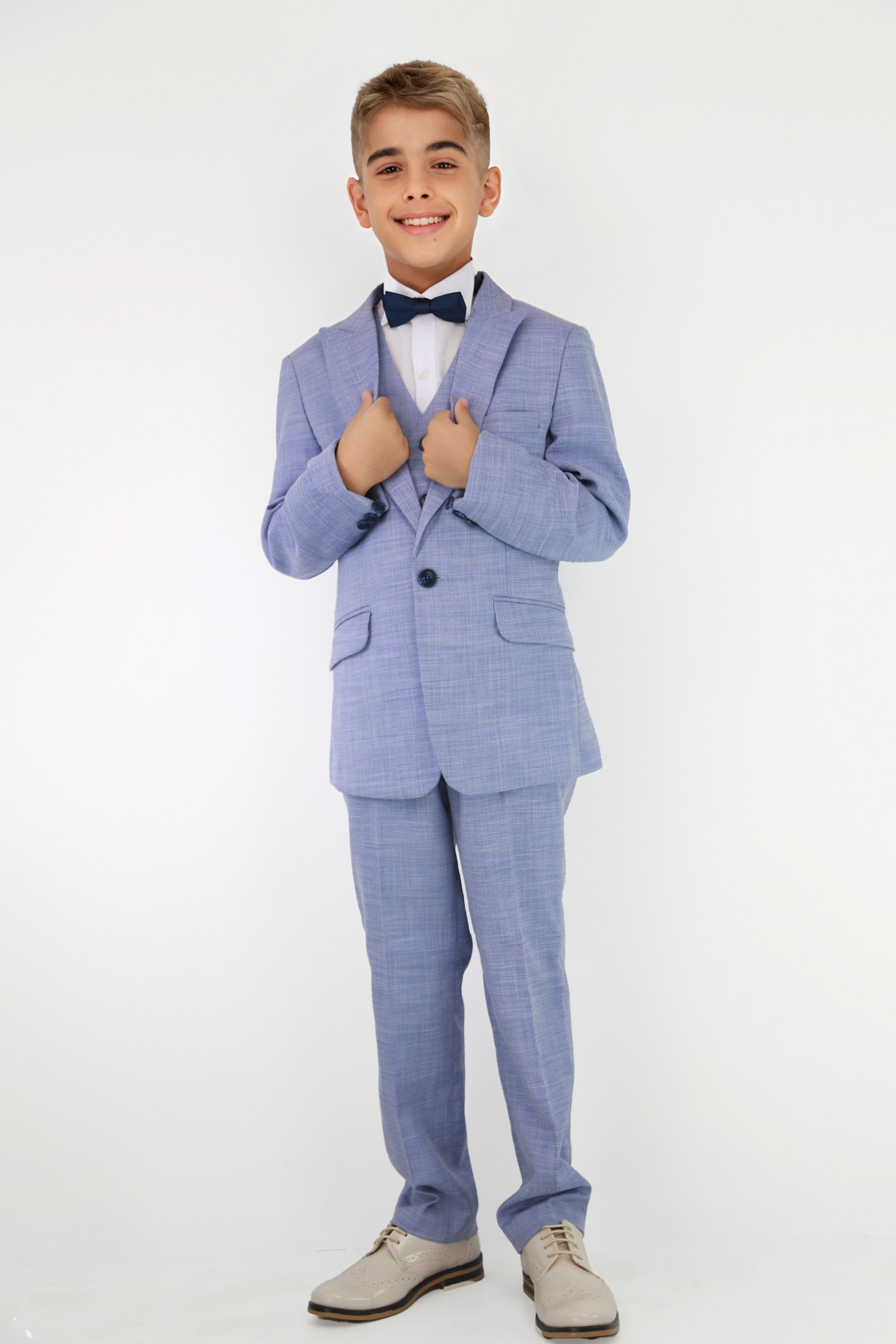 Boys Twill Blue Self-Pattern Suit - Blue Model Front Picture