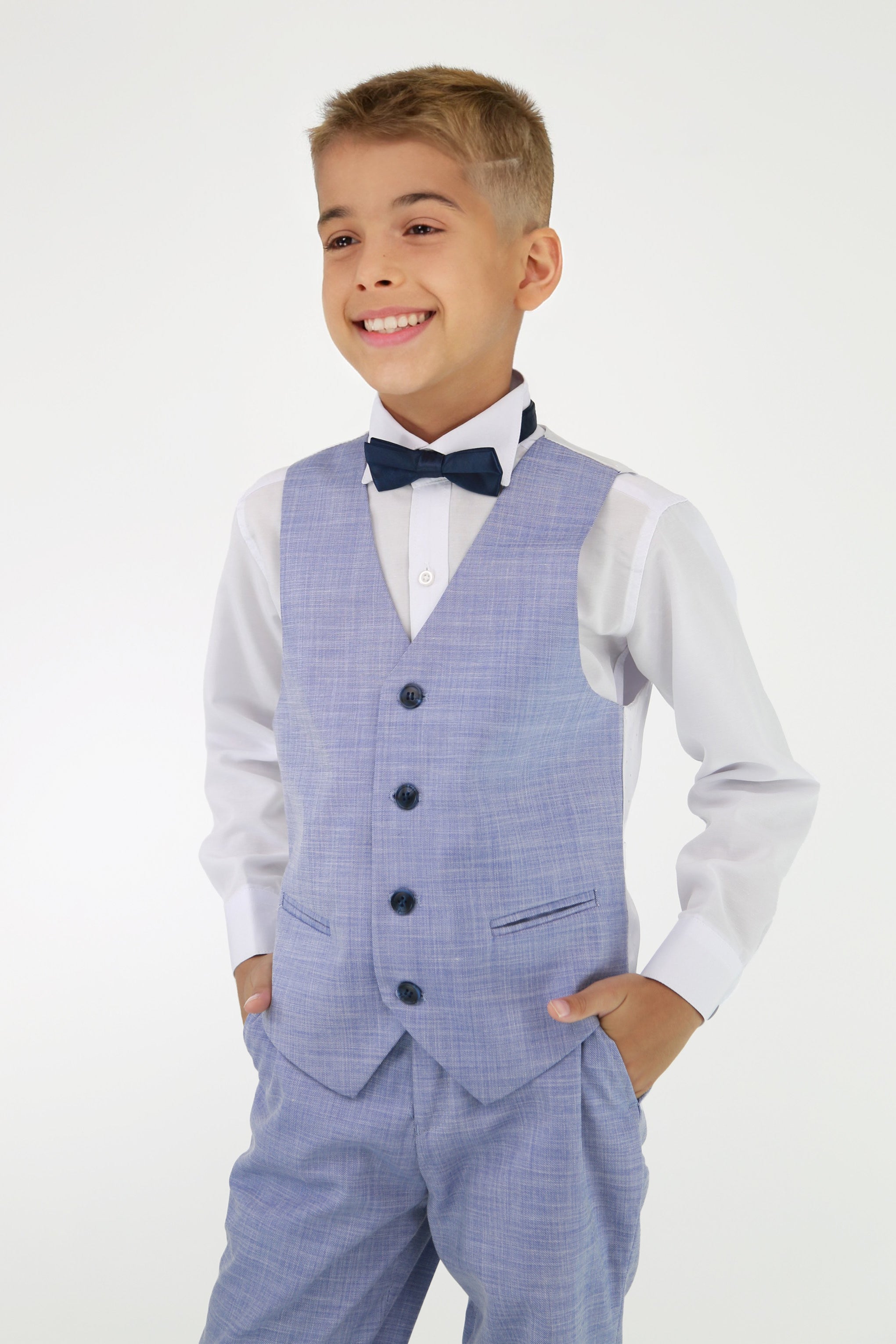 Boys Twill Blue Self-Pattern Suit - Blue Waistcoat Picture