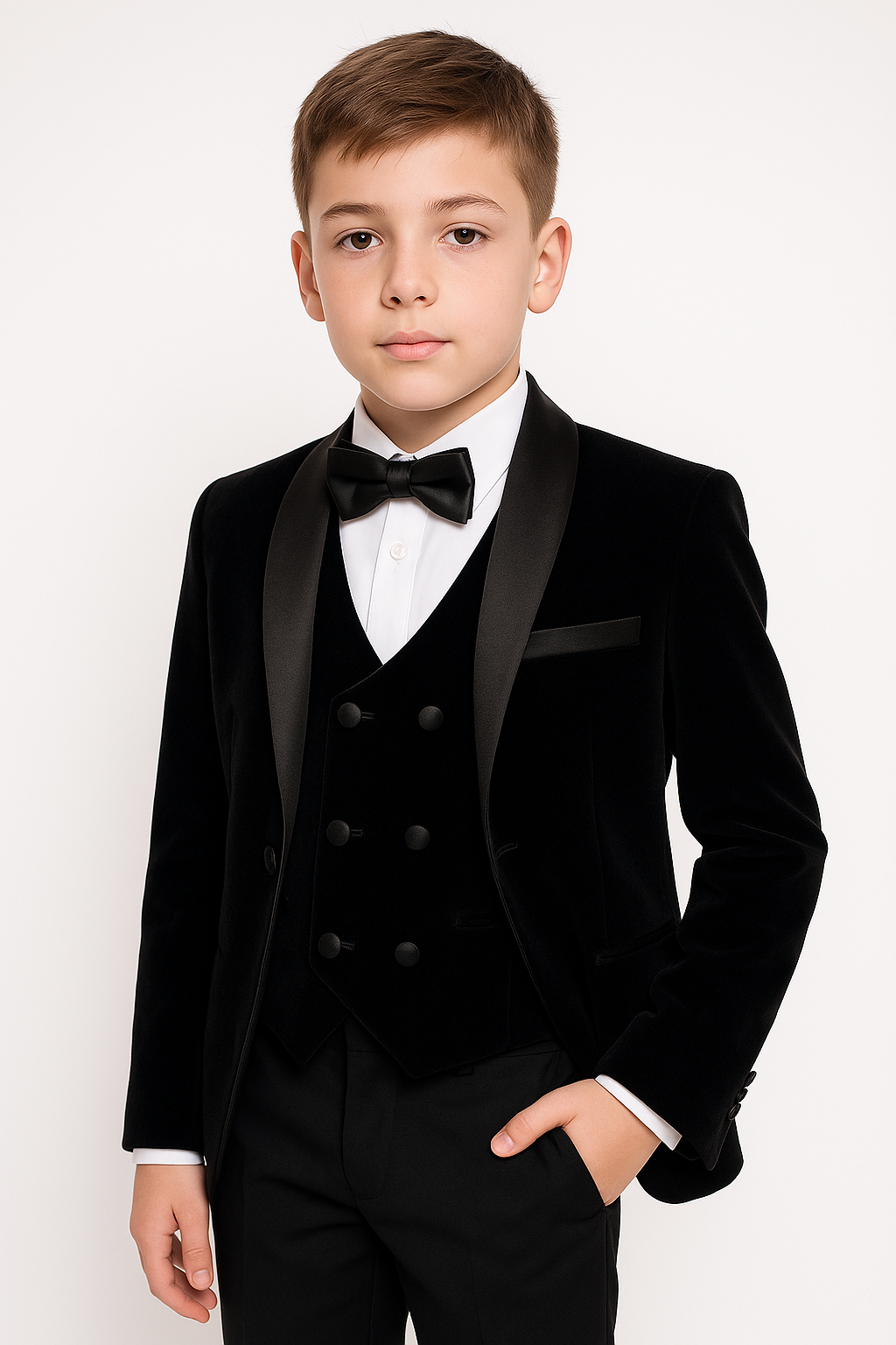 Boys Velvet Tuxedo Suit with Double-breasted Vest - Black Model picture