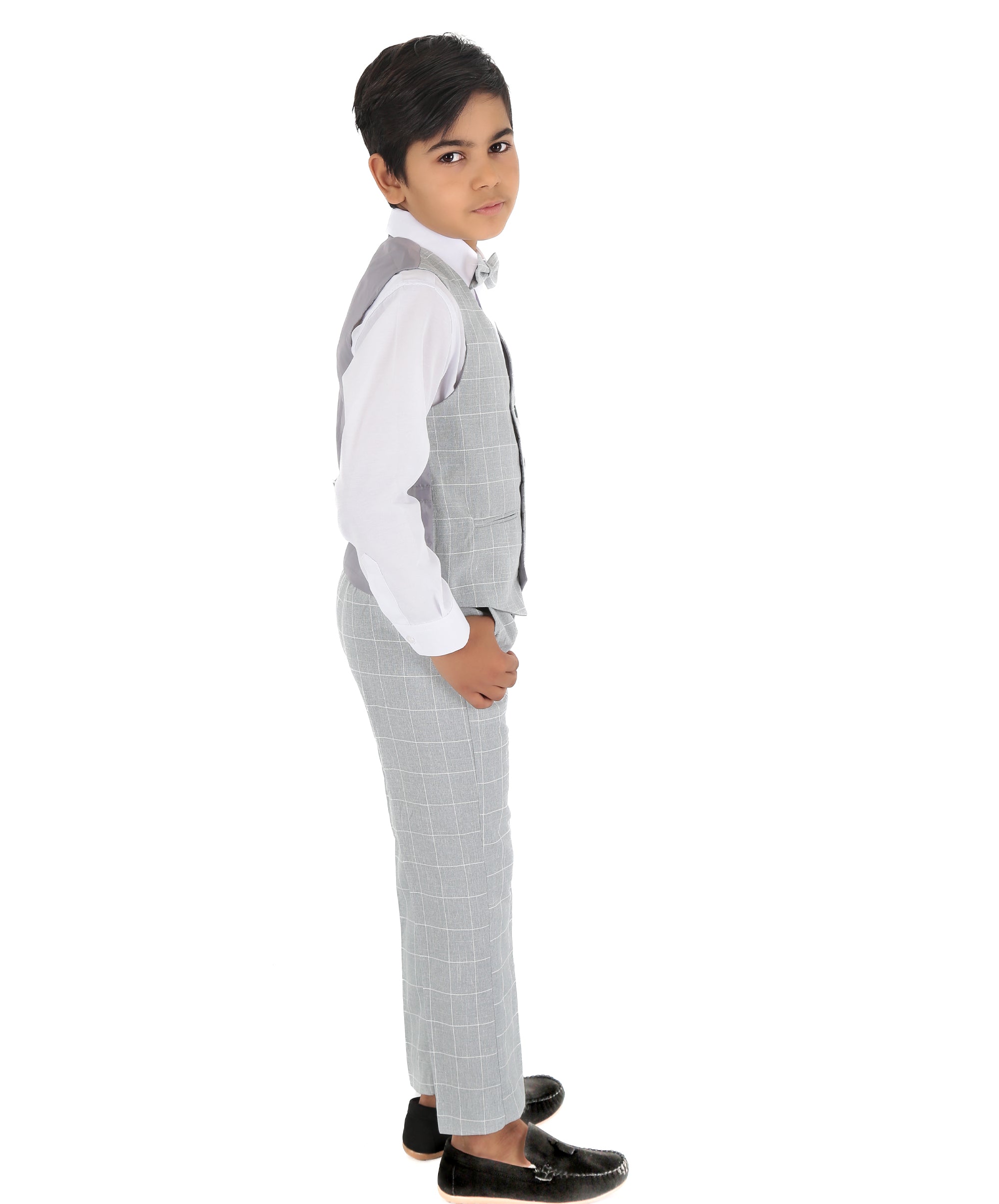 Boys Windowpane Check Grey Waistcoat Set - E-SAM - Light Grey