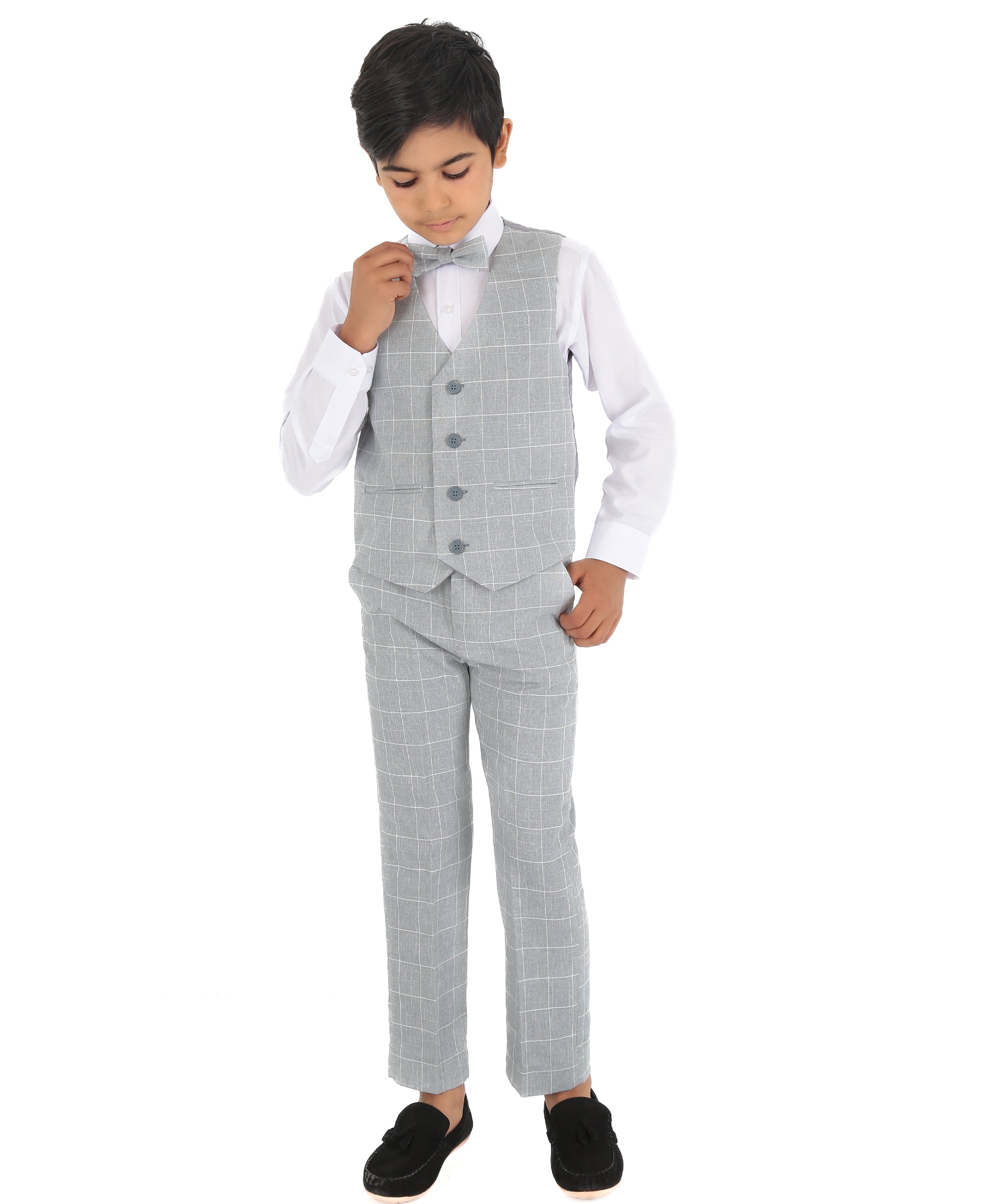 Boys Windowpane Check Grey Waistcoat Set - E-SAM - Light Grey