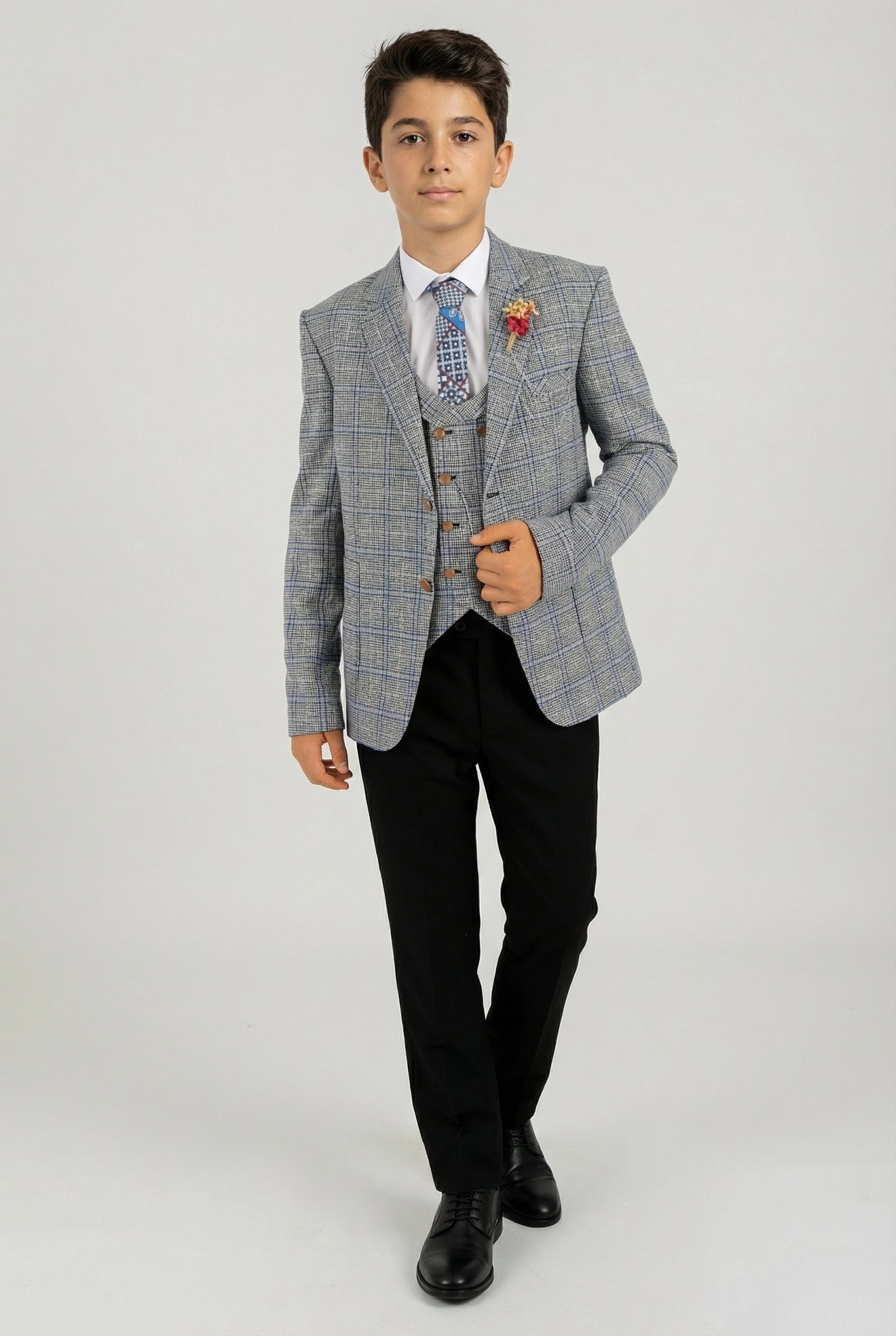 Boys Windowpane Check Slim Fit Suit - Blue - Black