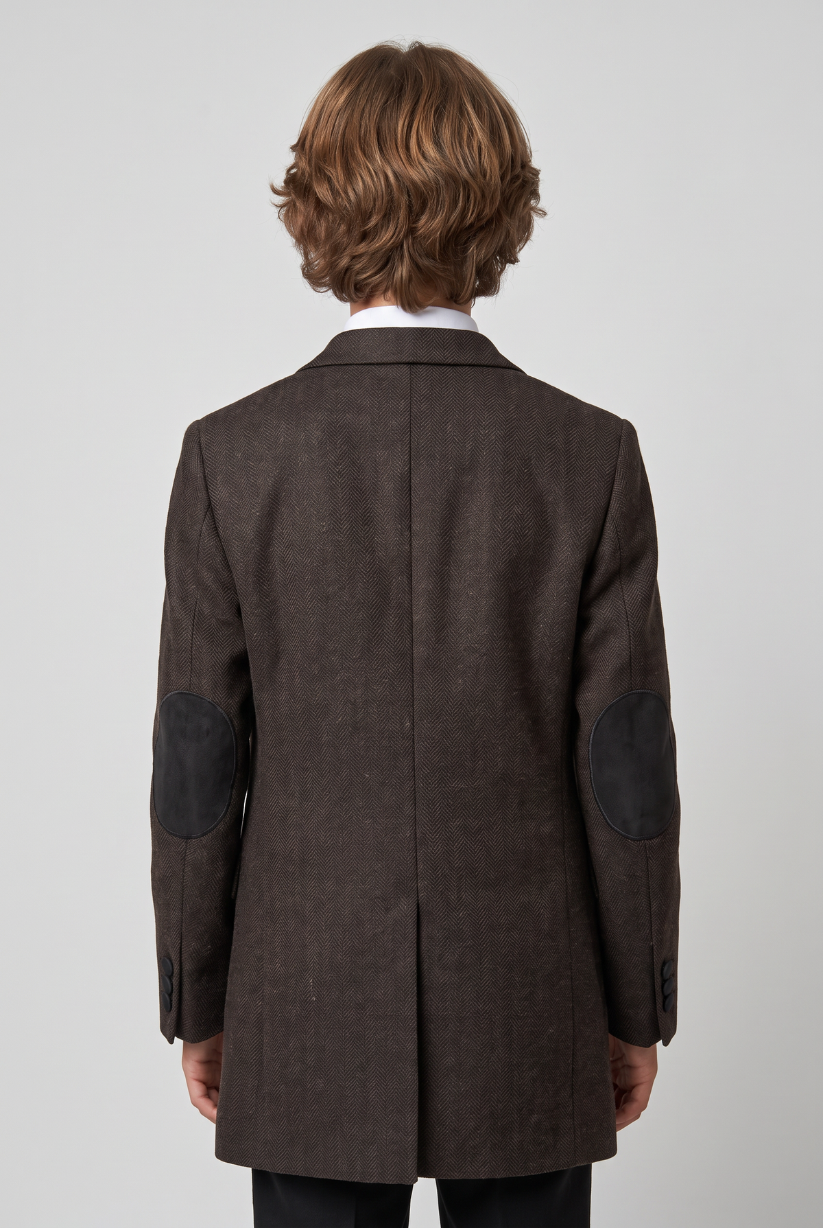 Boys Wool Tweed Herringbone Overcoat - Dark Brown