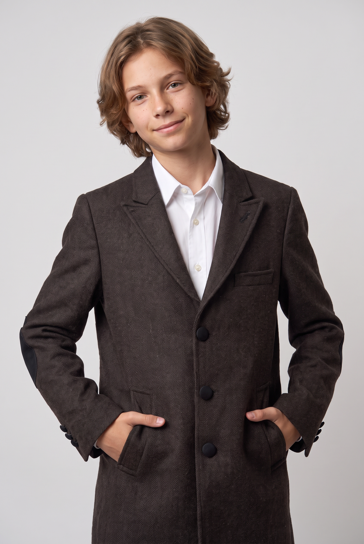 Cappotto da ragazzo in tweed di lana a spina di pesce - Marrone scuro