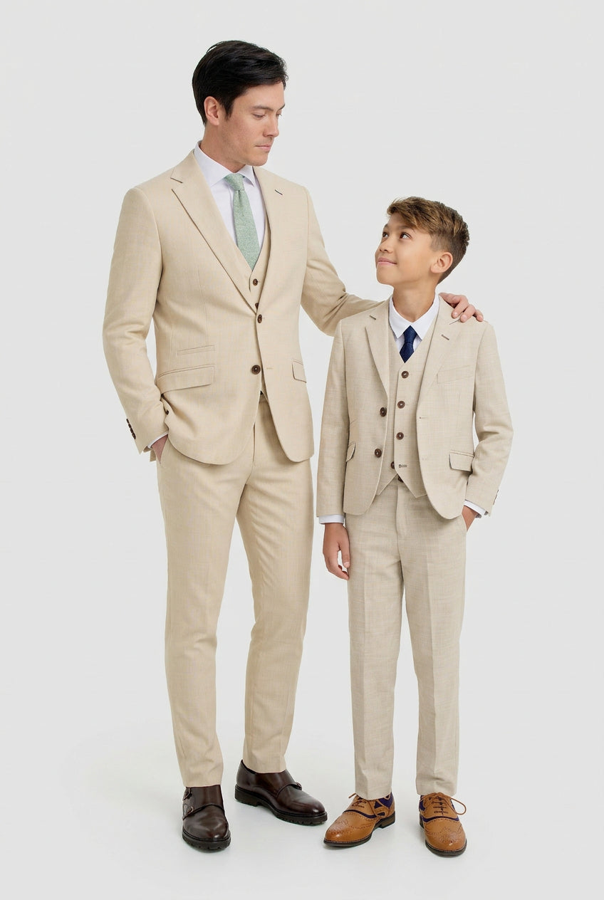 Father & Son Matching Textured 3-Piece Suit Set - Camden Beige