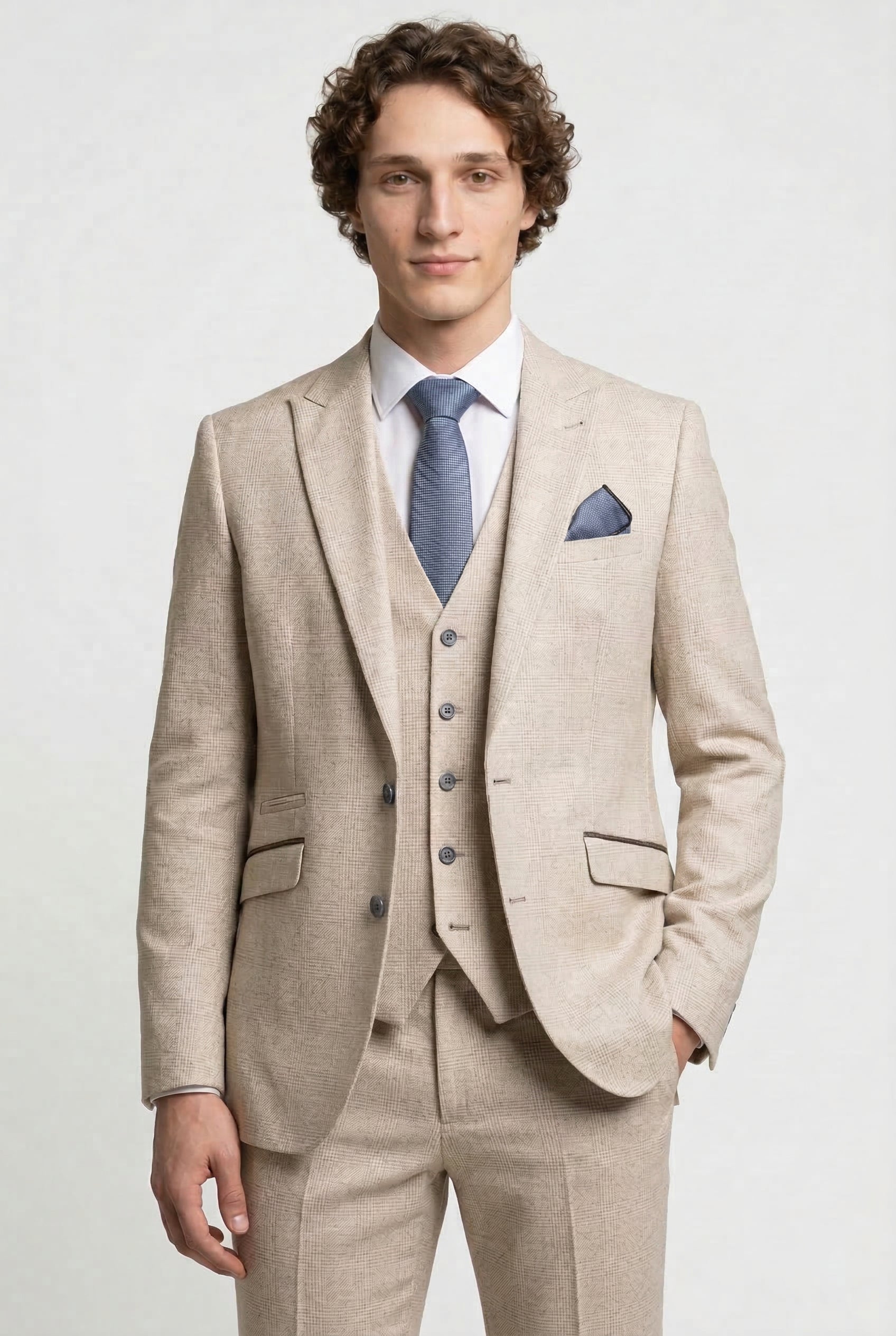 Caridi 3-Piece Glen Check Prom Suit - Beige Model Picture