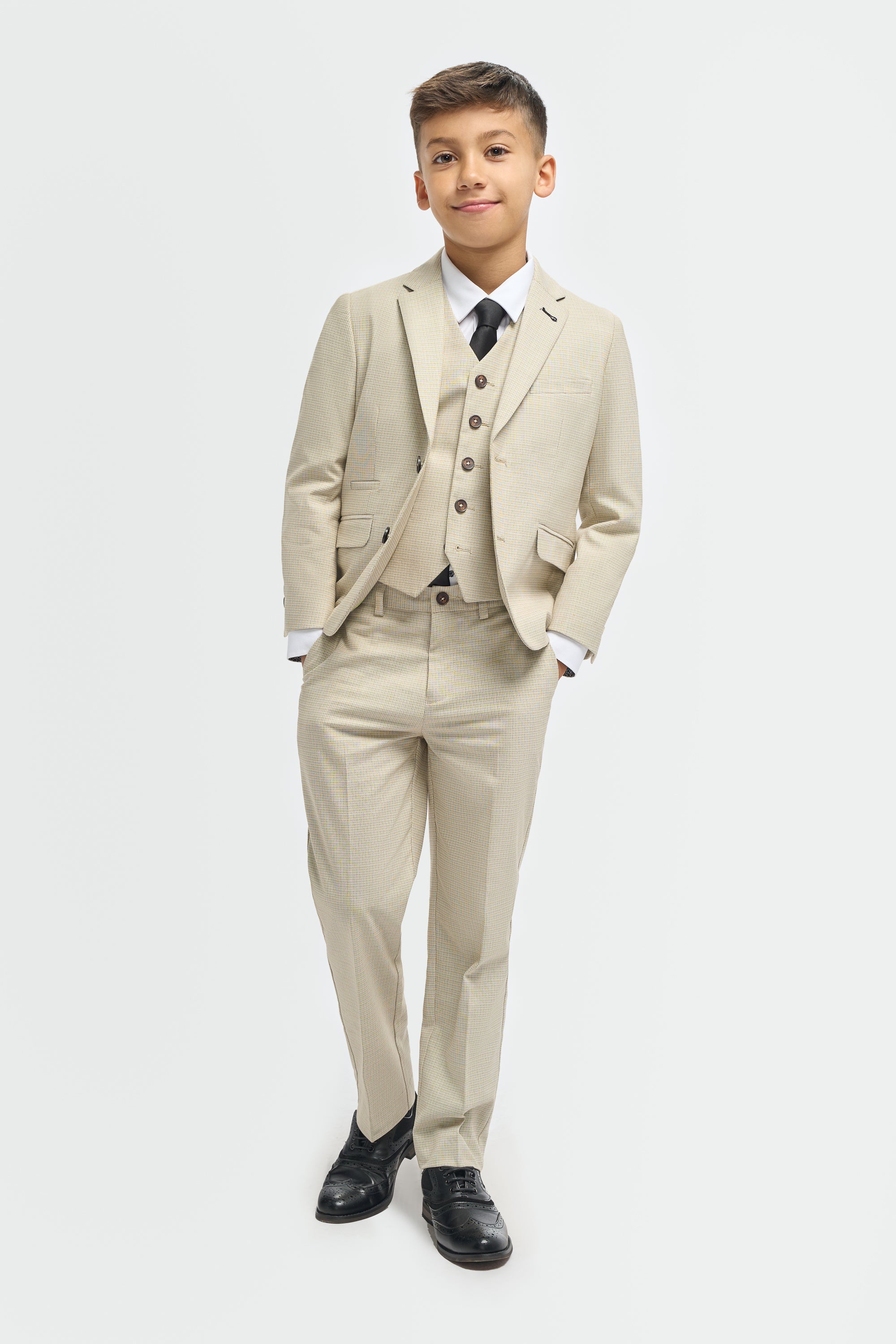 Boys’ 3-Piece Beige Cotton Microcheck Suit - Hampton Model Front Picture