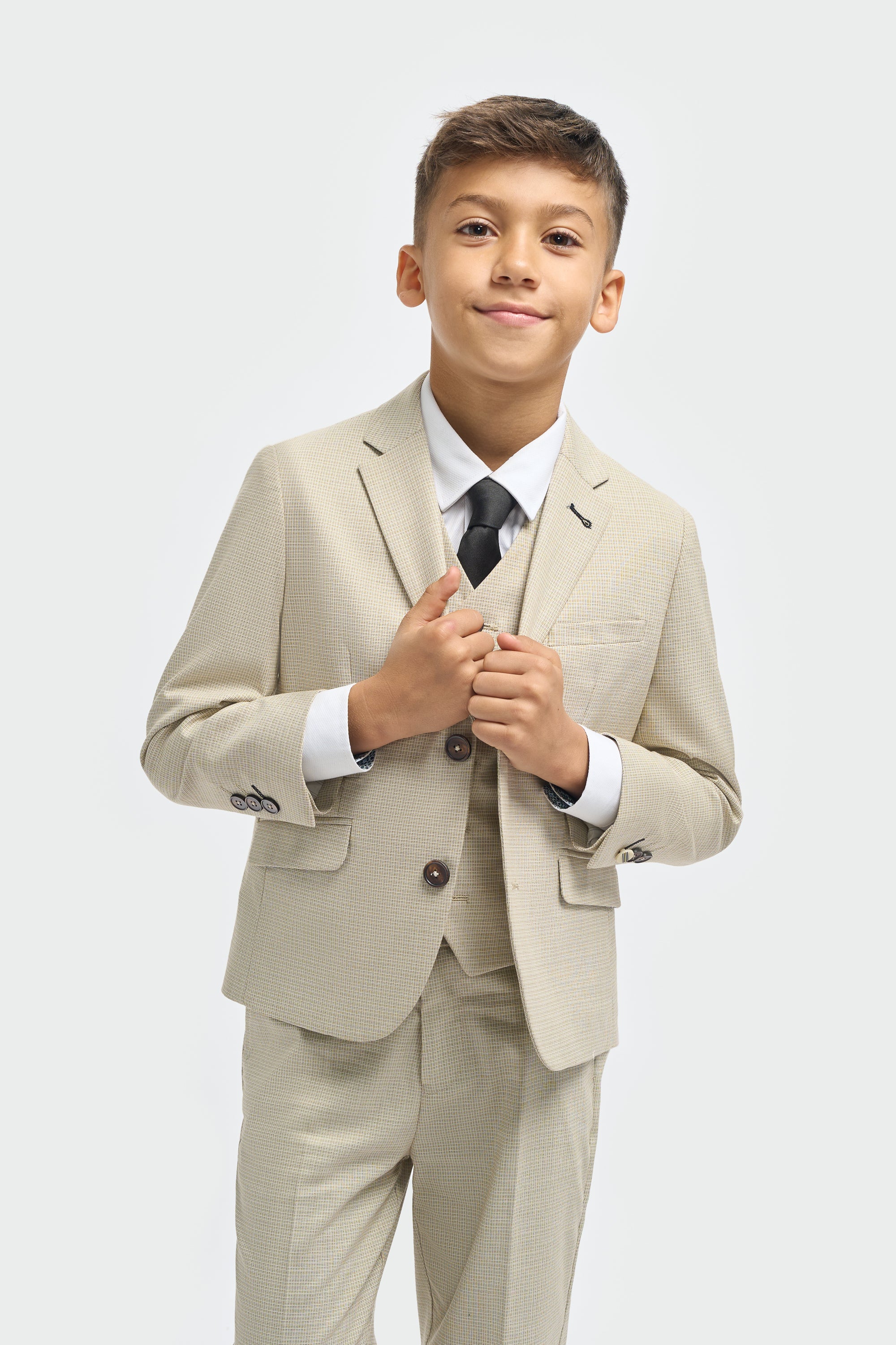 Boys’ 3-Piece Beige Cotton Microcheck Suit - Hampton Model Picture