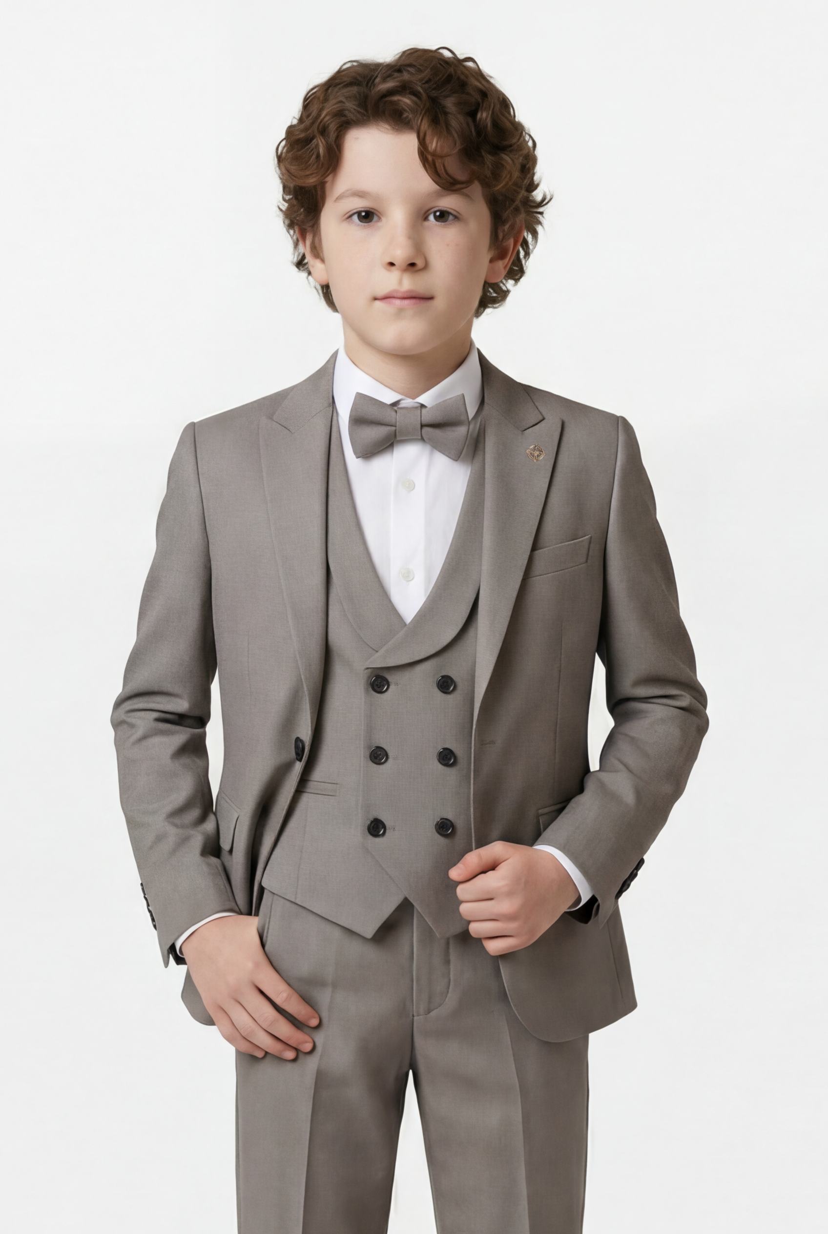 Traje formal de 5 piezas para niños con chaleco cruzado - Gris