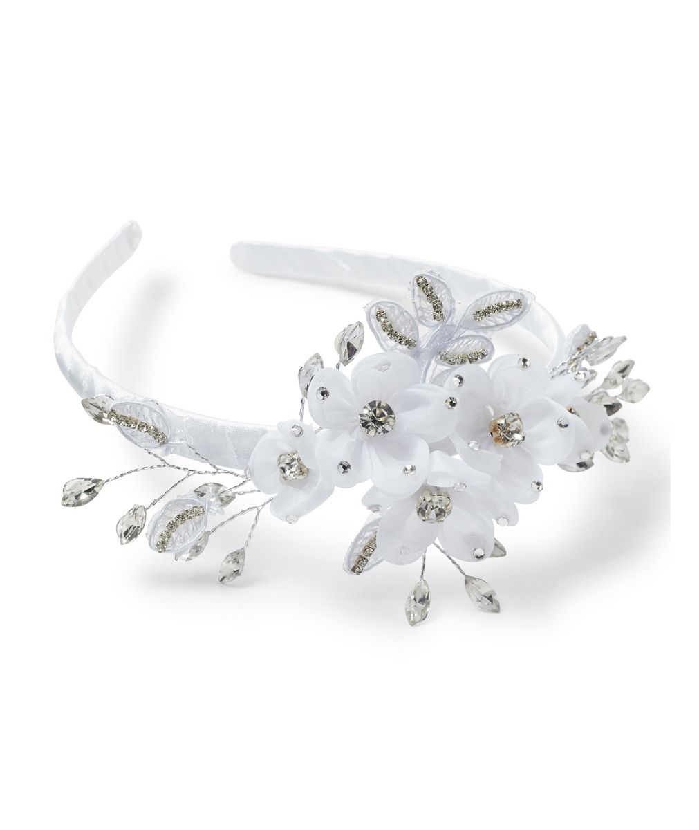 Diadema elegante para niñas con flores y cristales - CHB002 - Blanco