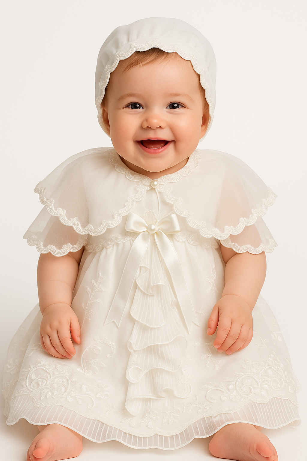 Elegant Off White Baptism Dress with Bonnet – Baby Girl Christening Gown