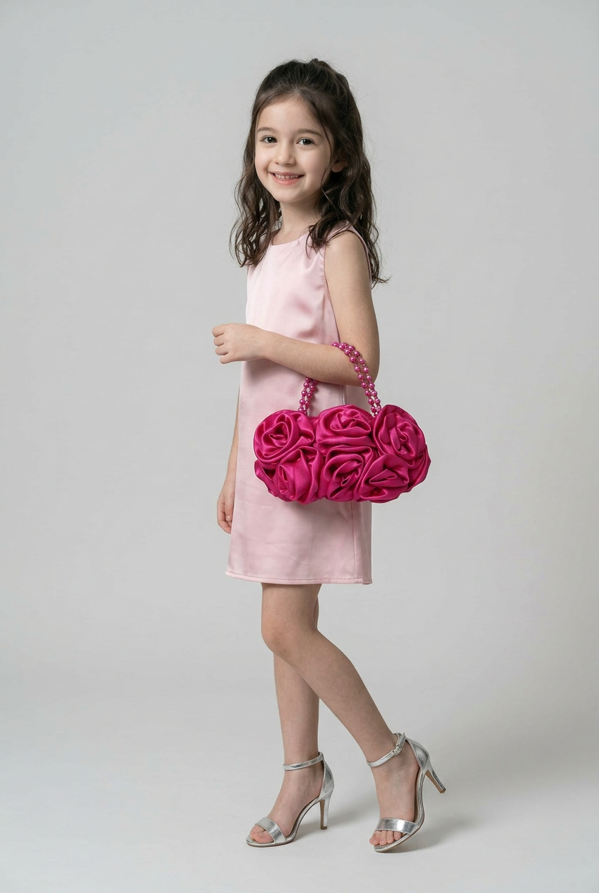 Elegante Satin-Rosen-Abendtasche mit Perlenhenkel – Fuchsia