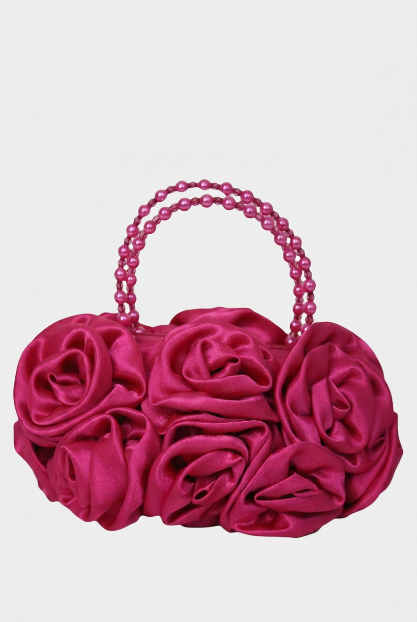 Elegante Satin-Rosen-Abendtasche mit Perlenhenkel – Fuchsia