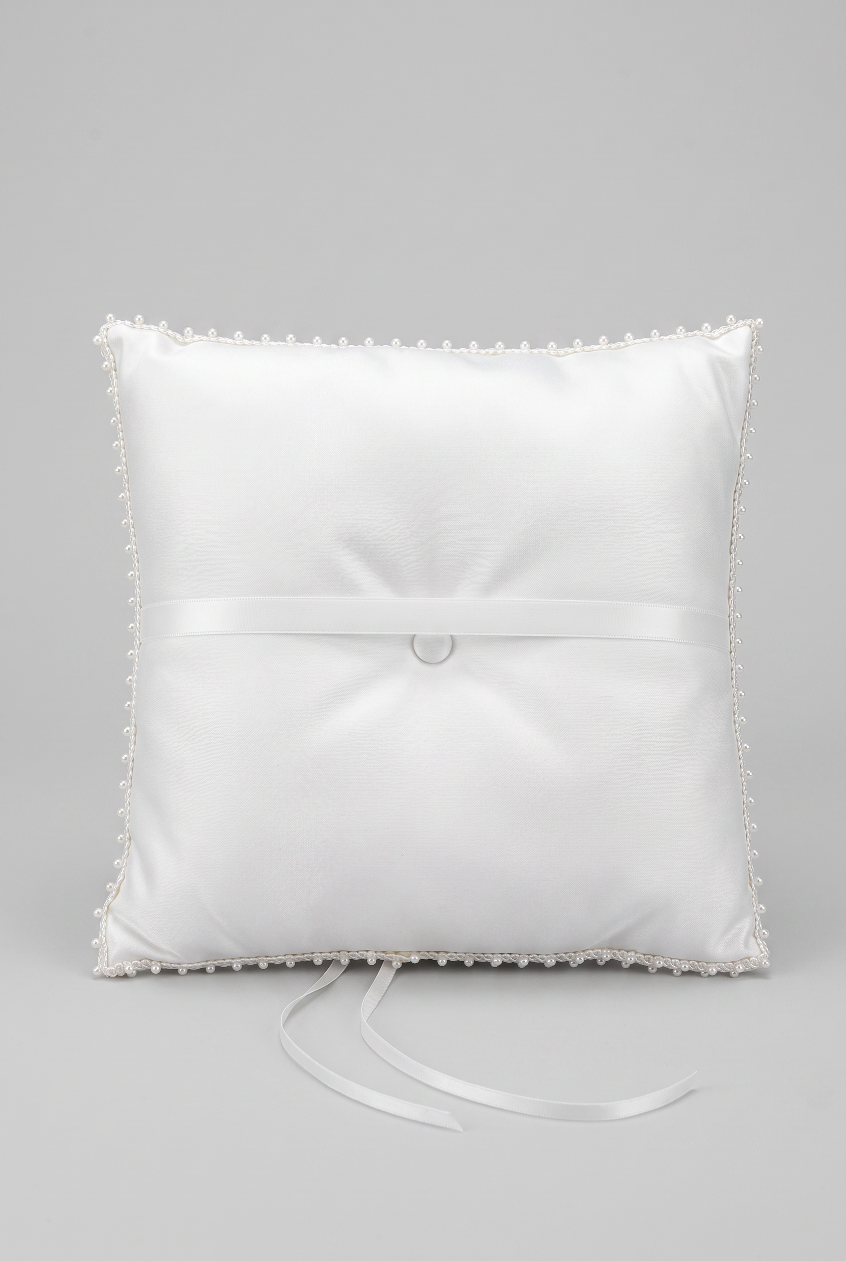 Elegant Wedding Ring Bearer Pillow with Pearl & Ribbon Details - White Back Picture