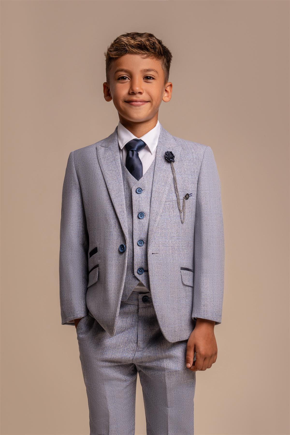 Father & Son Matching Glen Check Wool Tweed 3-Piece Suit Set - Caridi - Sky Blue