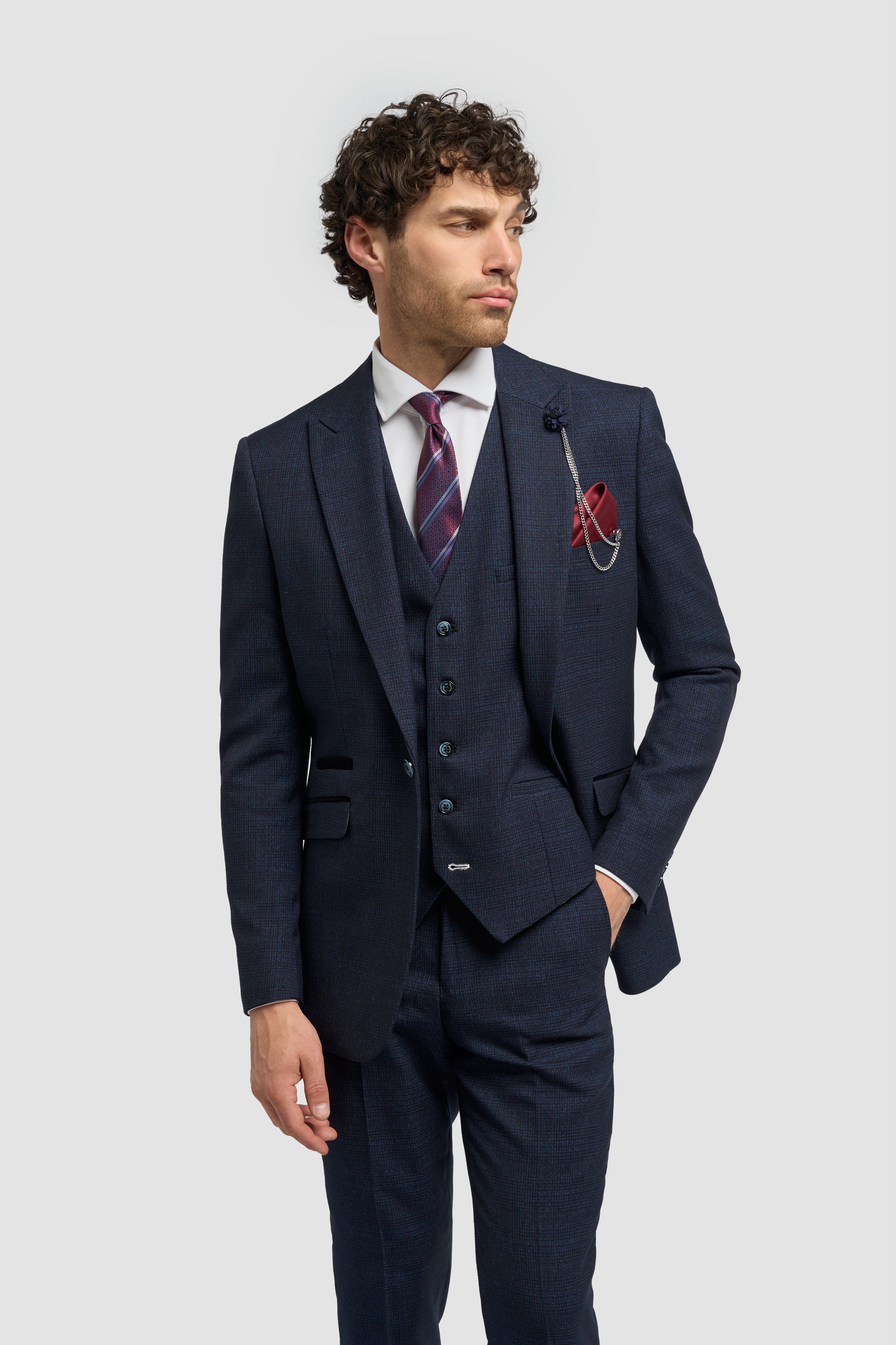 Father & Son Matching Glen Check Wool Tweed 3-Piece Suit Set - Caridi Navy