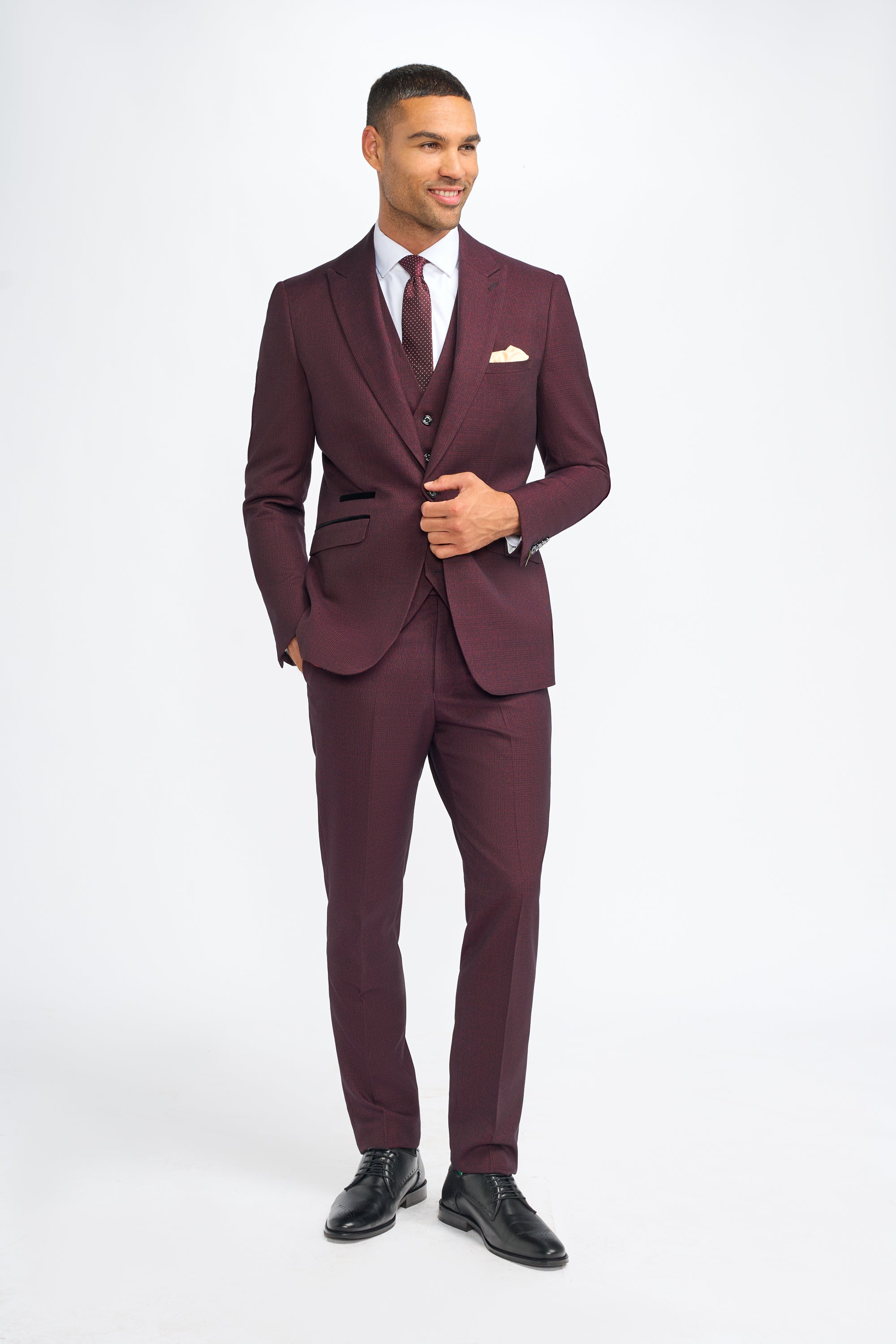 Father & Son Matching Glen Check Wool Tweed 3-Piece Suit Set - Caridi Wine
