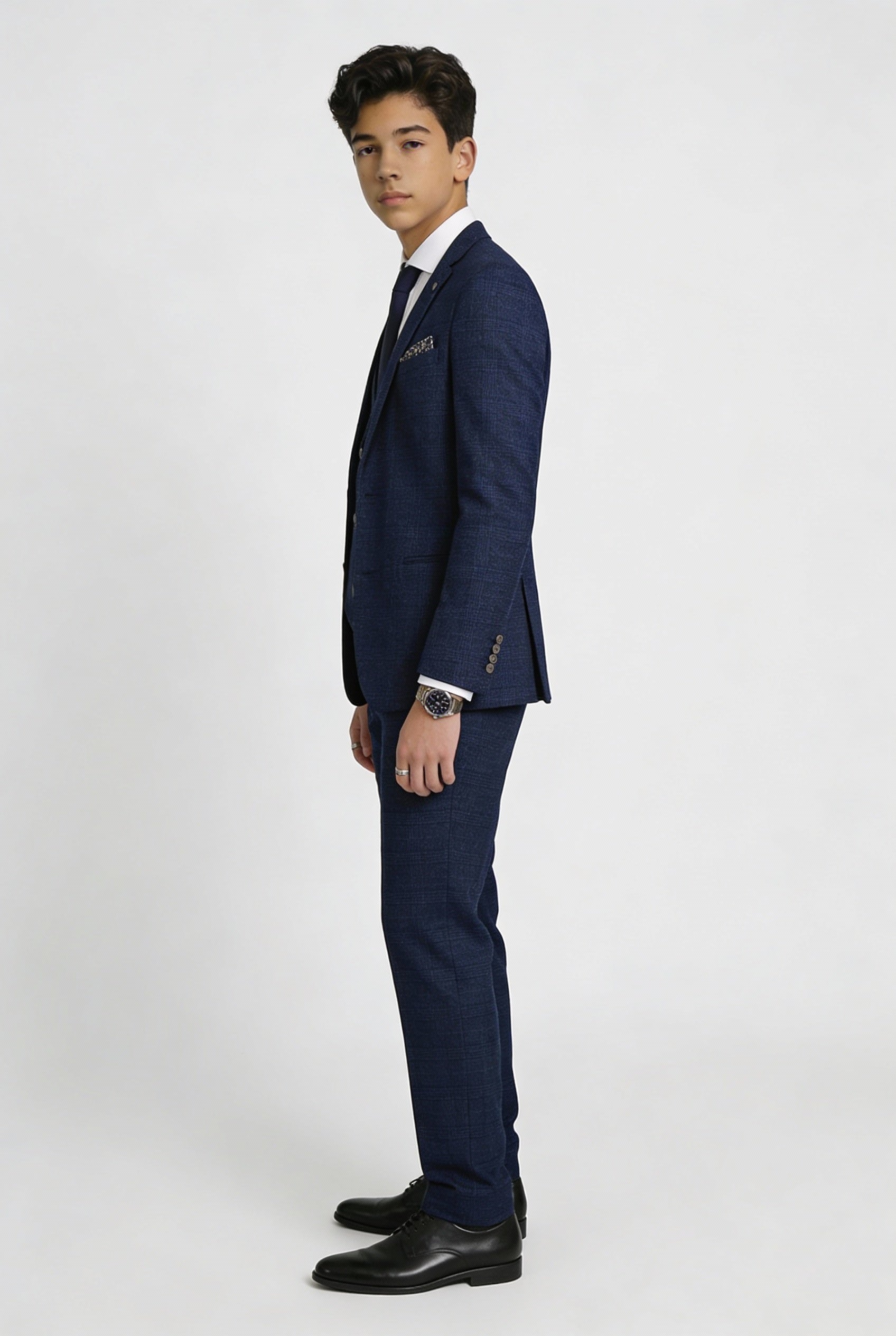 Vater & Sohn Passender Glencheck Woll-Tweed 3-teiliger Anzug-Set - Luis Navy