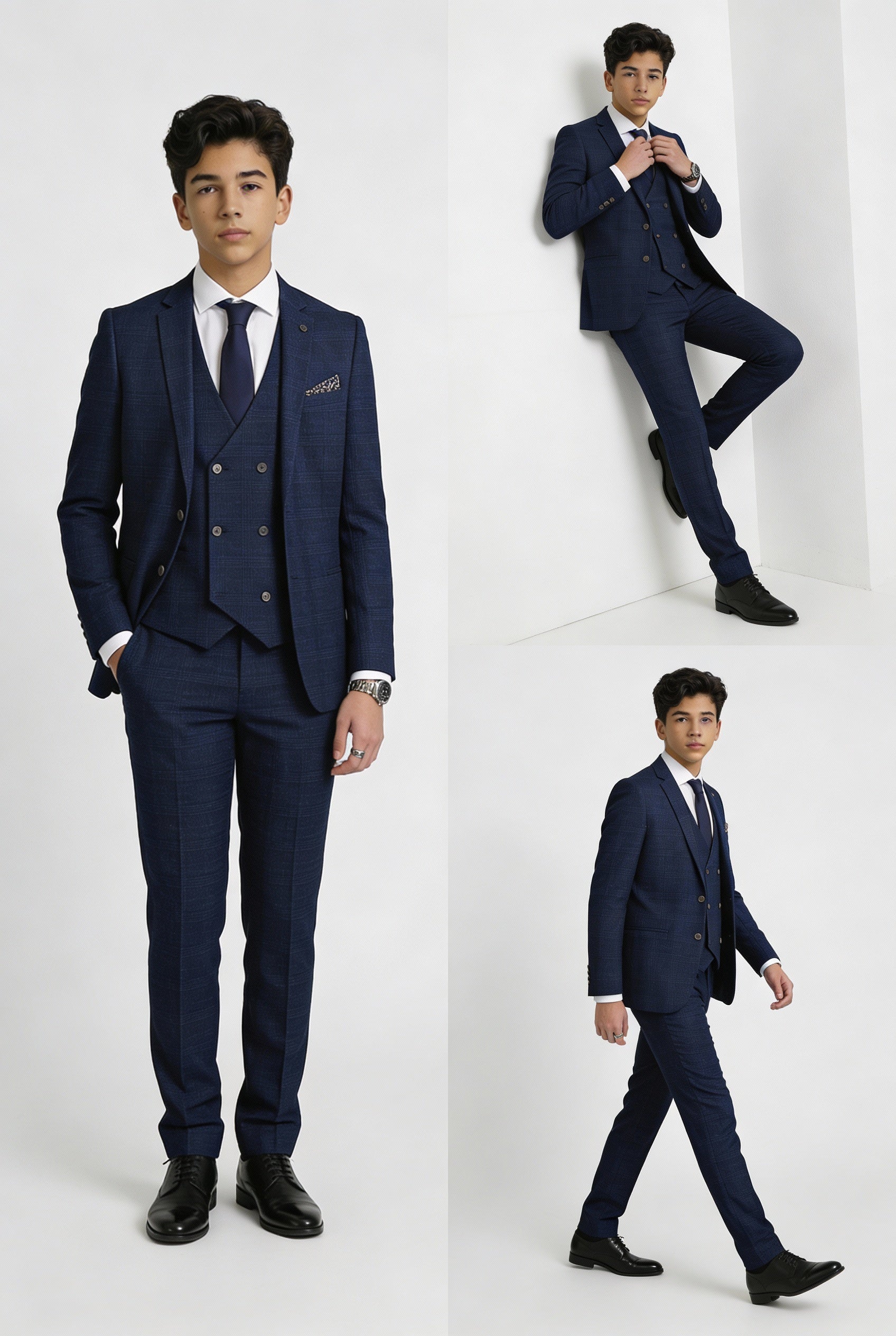 Vater & Sohn Passender Glencheck Woll-Tweed 3-teiliger Anzug-Set - Luis Navy