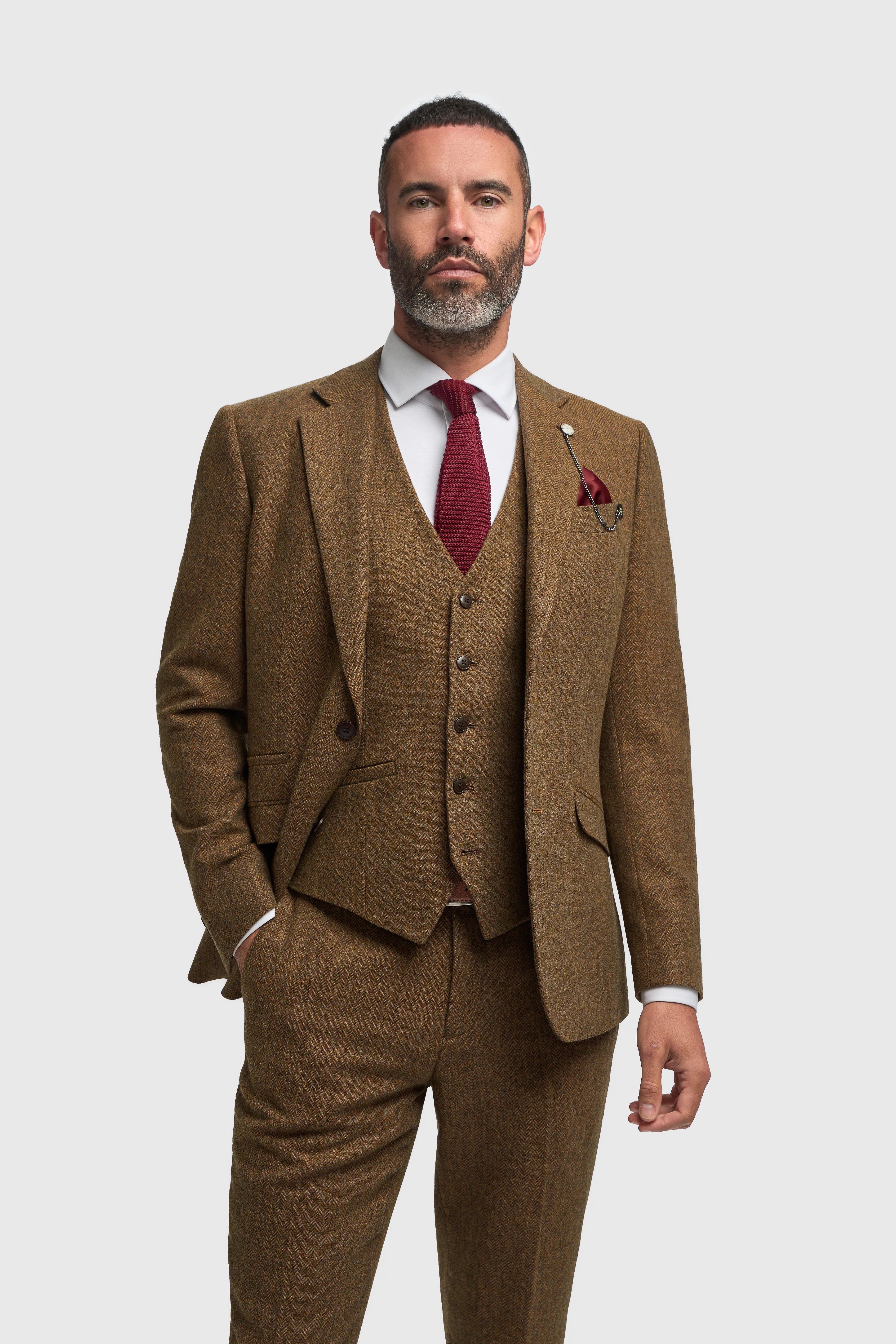 Father & Son Matching Wool Herringbone 3-Piece Suit Set - Thomas - Brown